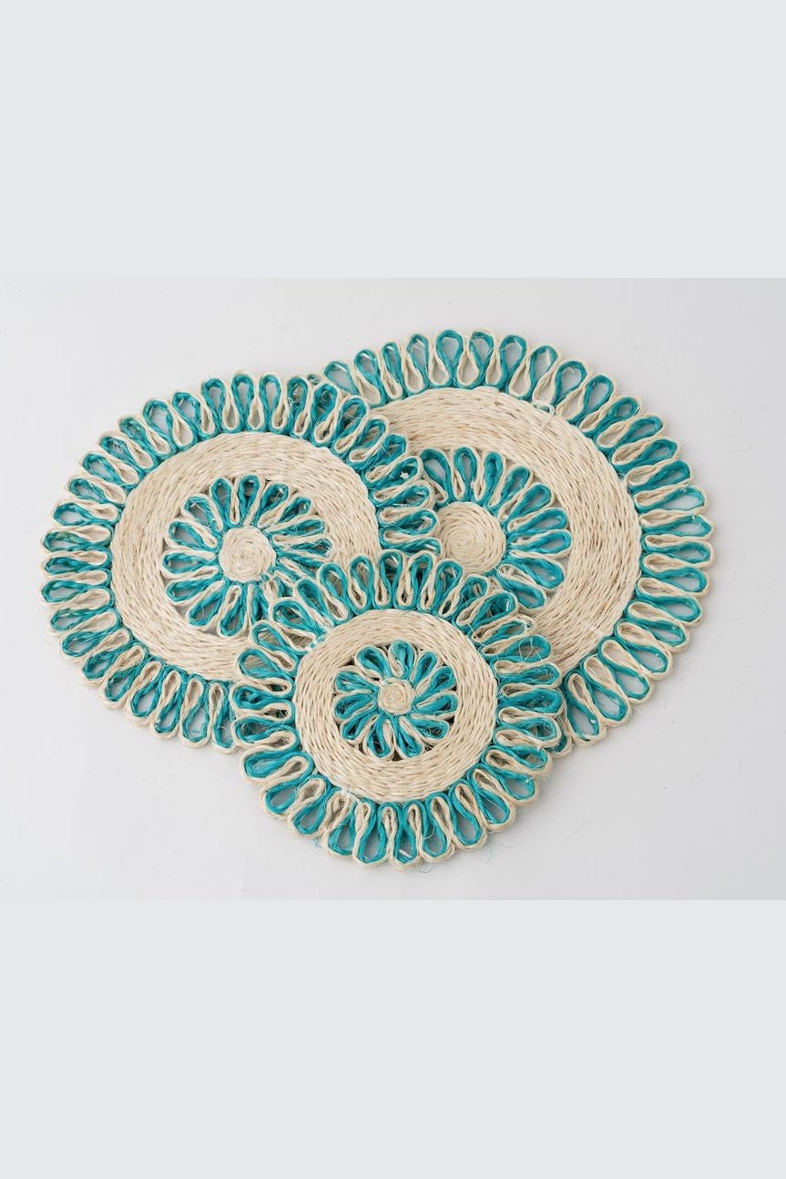 Handwoven Seagrass Placemat | Trivet | Aqua blue