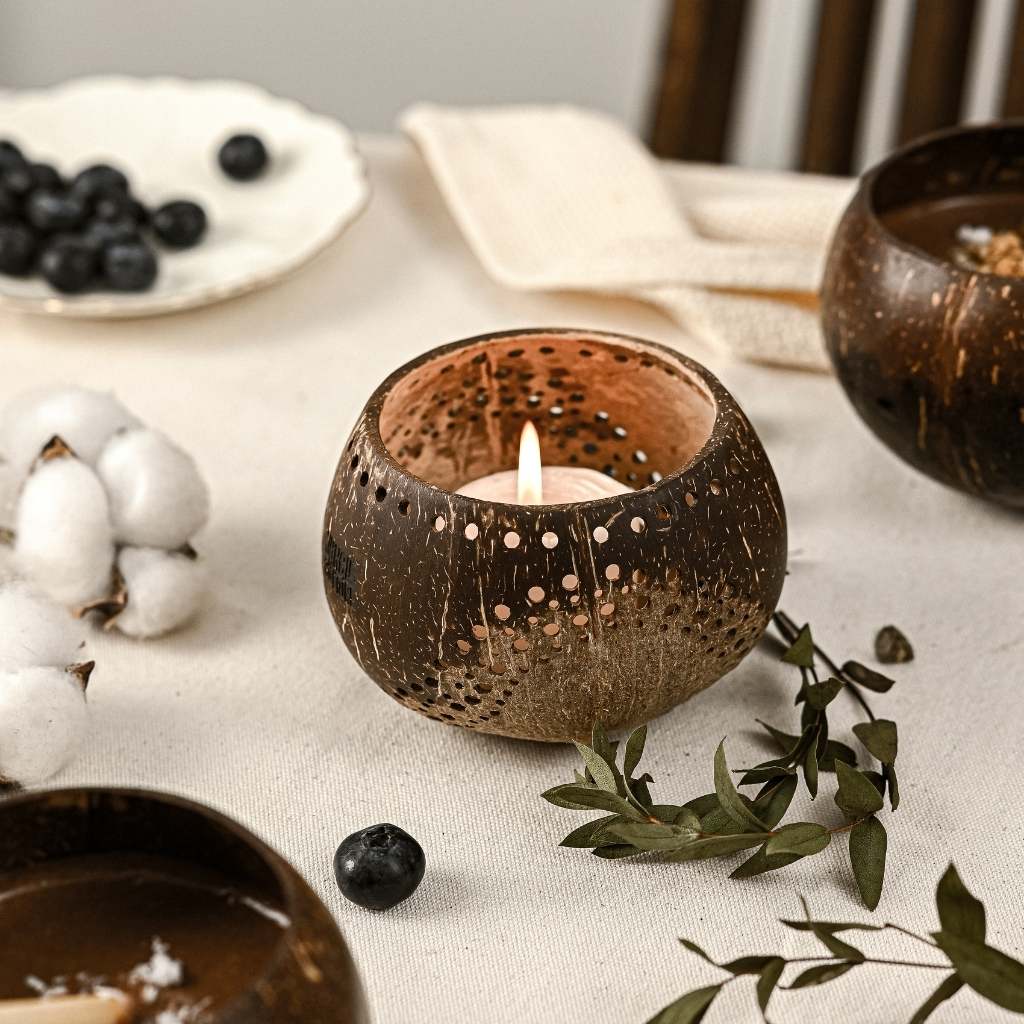 Tea Light Holder Set- Handmade Natural Coconut Shell