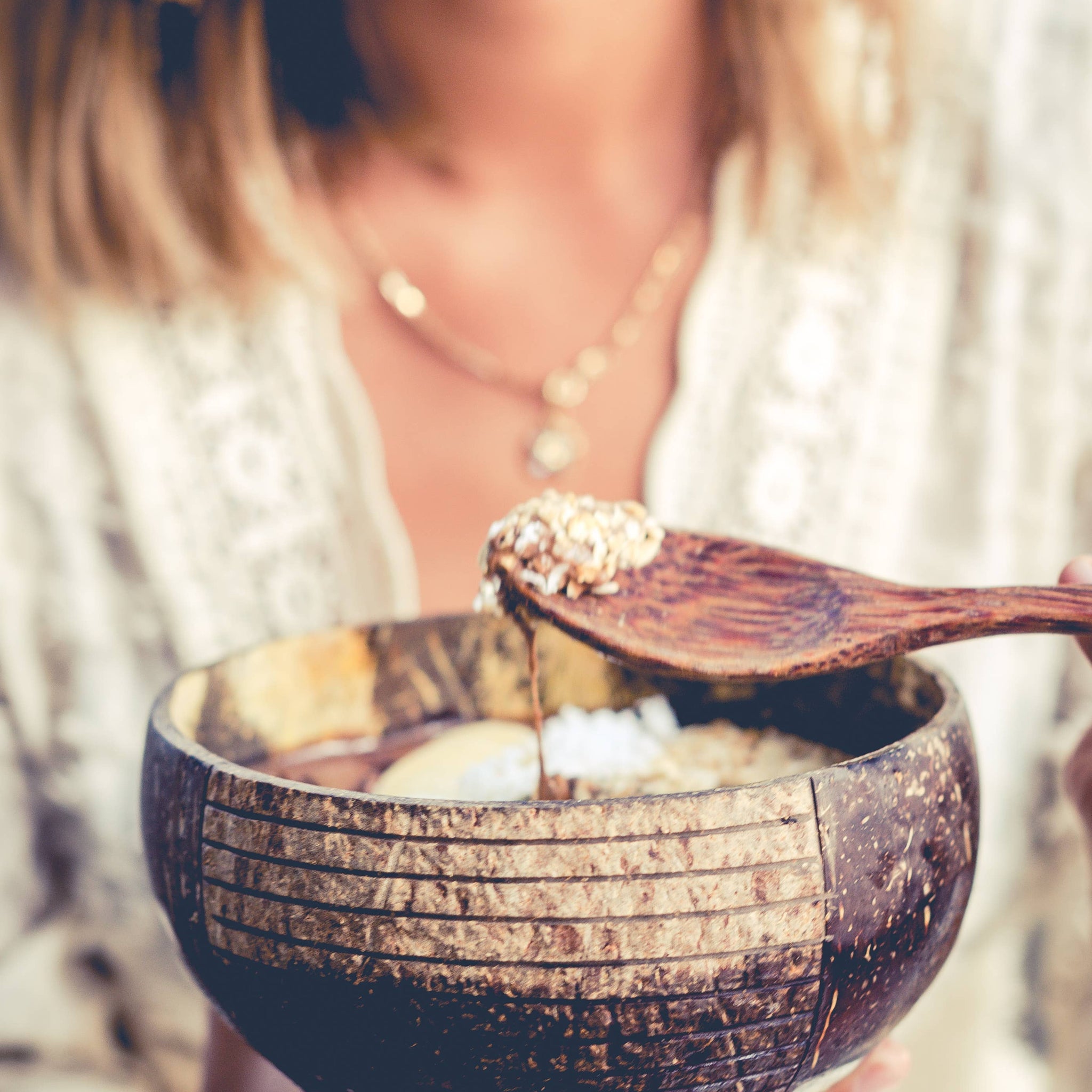 Coconut Bowls & Wooden Spoon Combo (Coco Shell Bowl): Striped Pattern