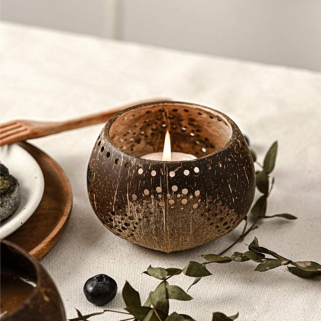 Tea Light Holder Set- Handmade Natural Coconut Shell