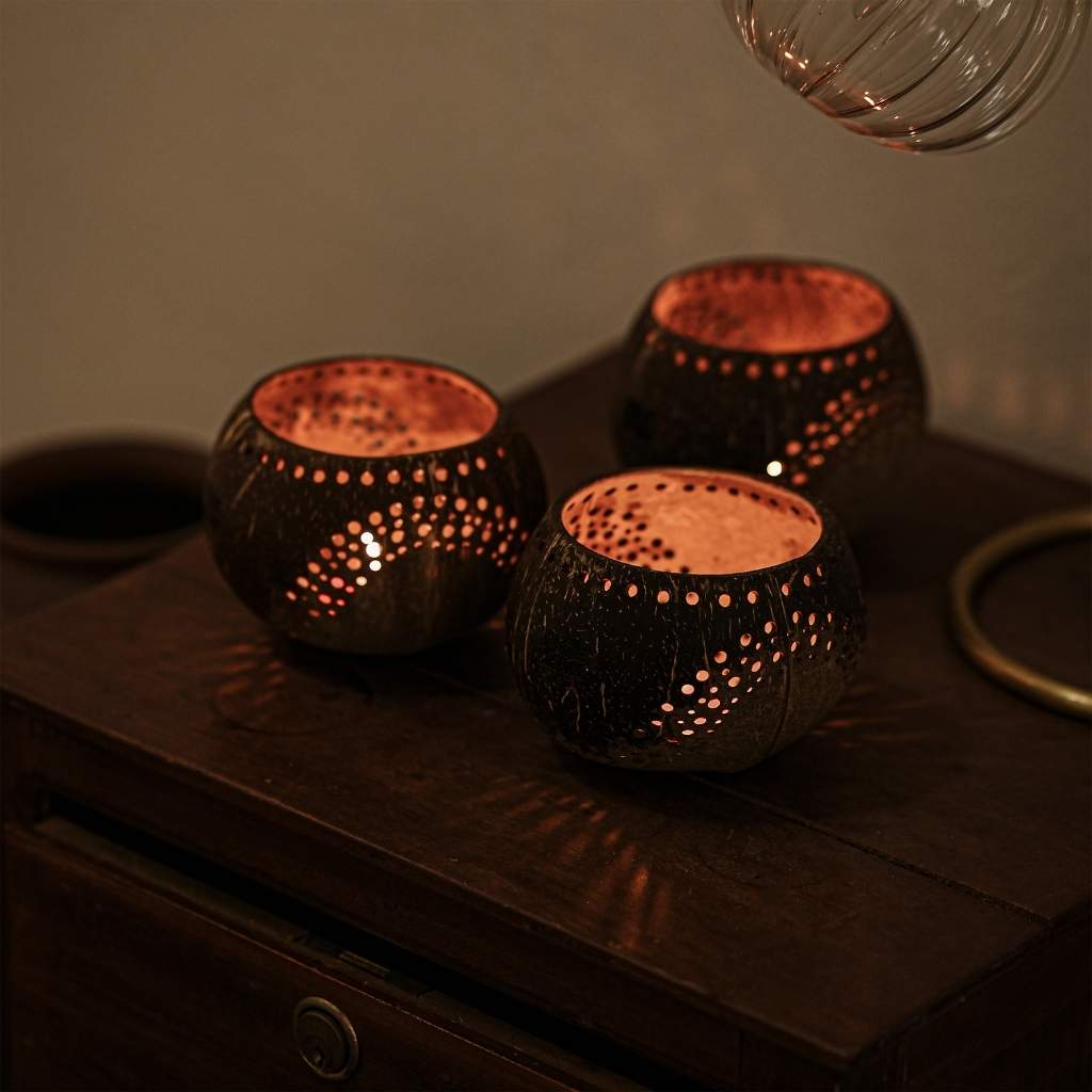 Tea Light Holder Set- Handmade Natural Coconut Shell