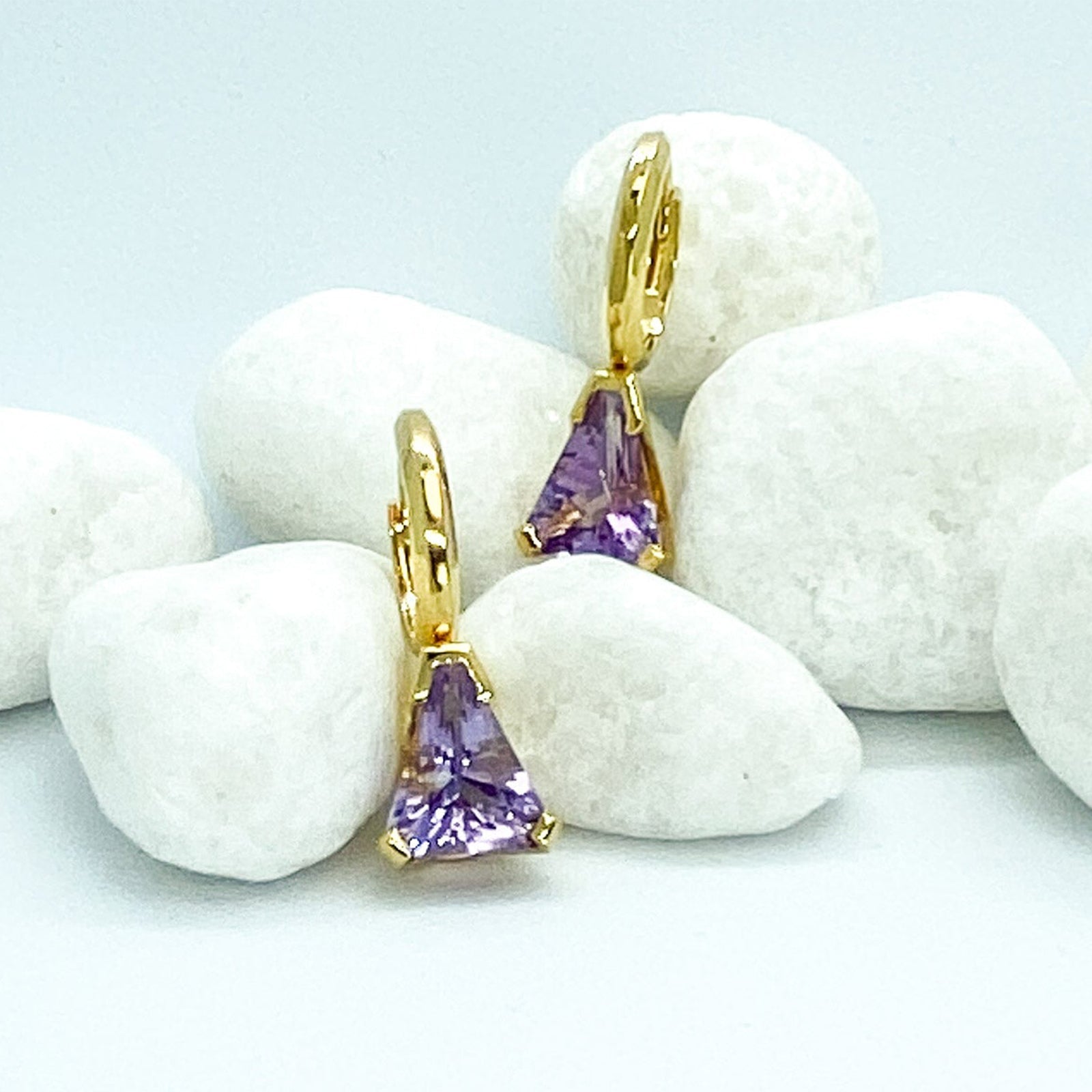 Amethyst Trillion Cut Earrings in Plated Yellow Gold in Silver | Stargaze Earrings