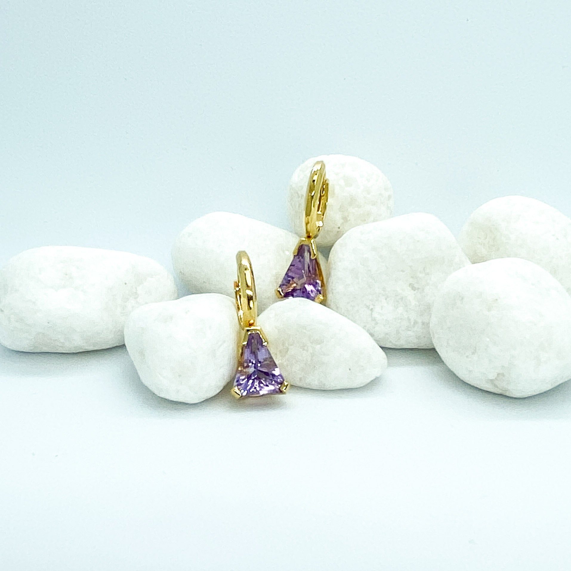 Amethyst Trillion Cut Earrings in Plated Yellow Gold in Silver | Stargaze Earrings