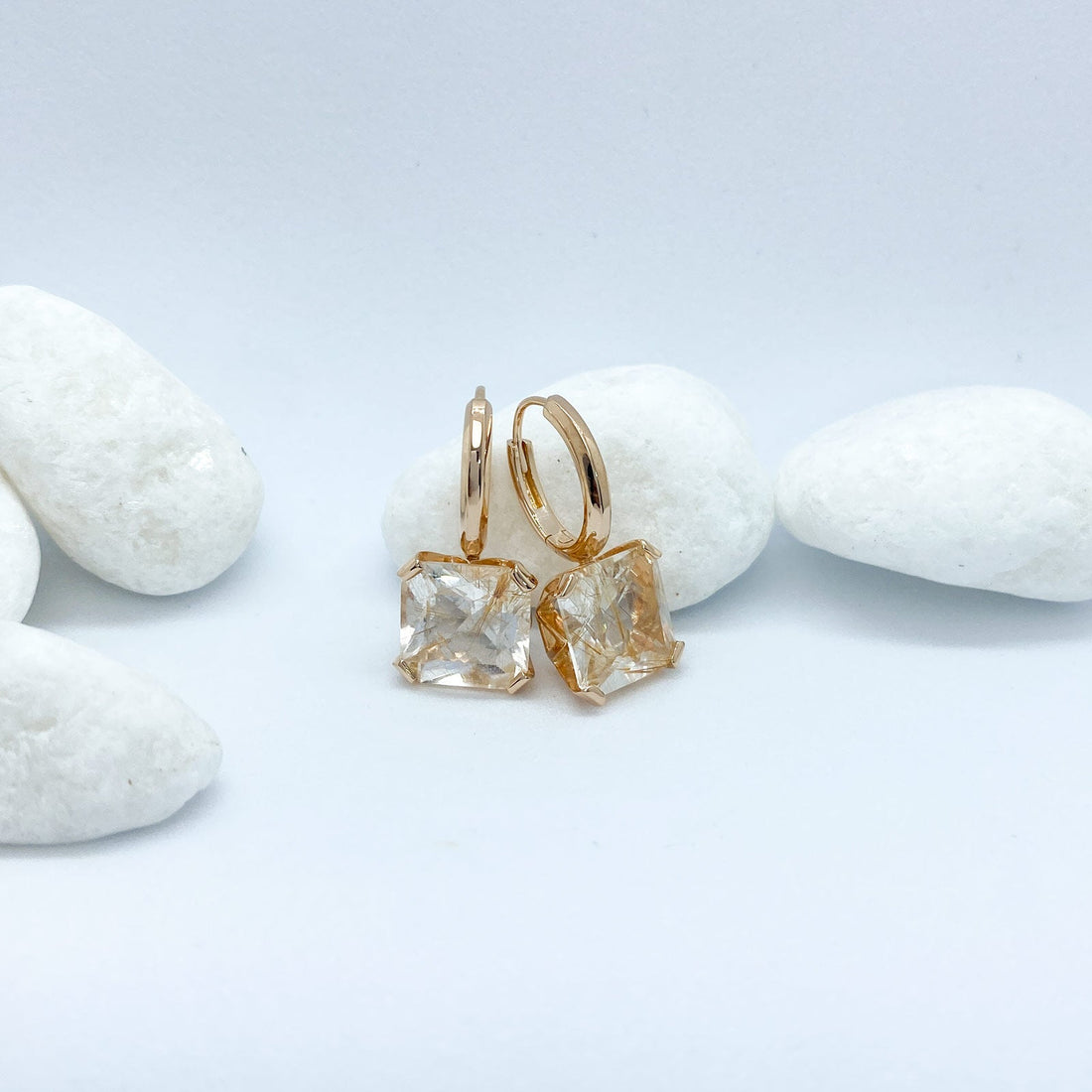 Asscher Cut Golden Rutilated Quartz Plated Rose Gold Silver Earrings | Stargaze Collection