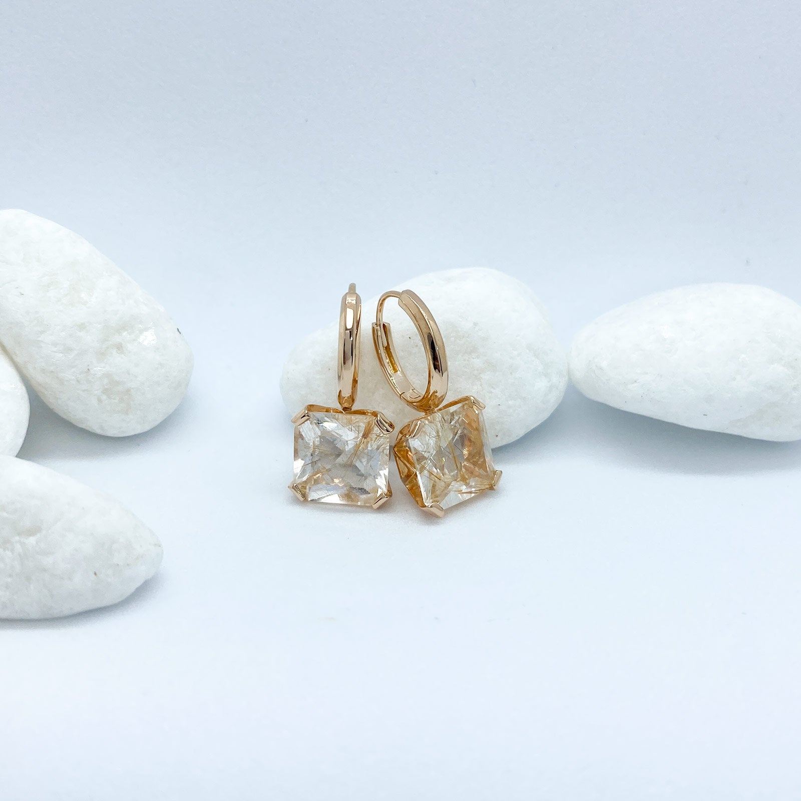 Asscher Cut Golden Rutilated Quartz Plated Rose Gold Silver Earrings | Stargaze Collection
