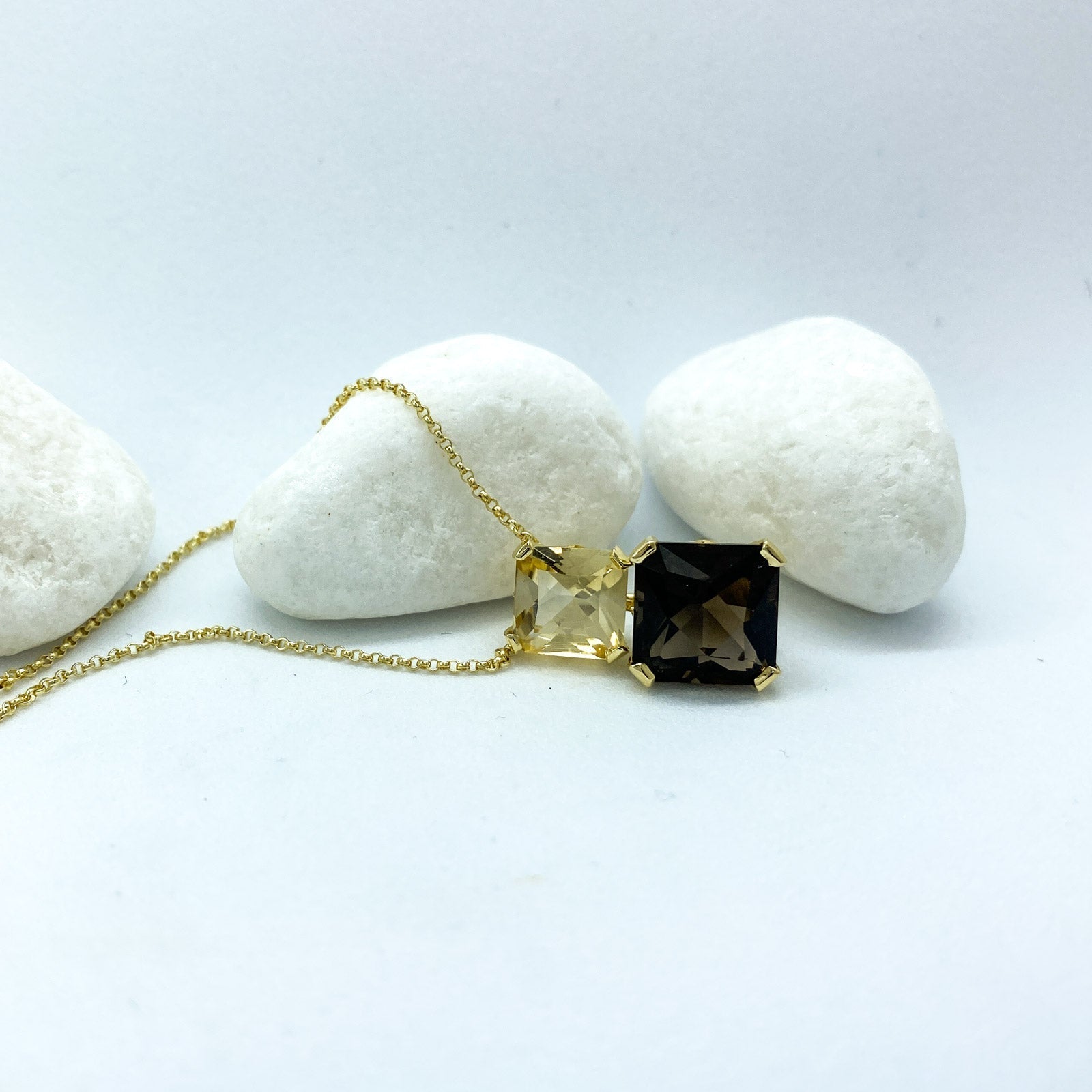 Smoky Quartz, Lemon Quartz Plated Yellow Gold Silver Necklace | Sparkle Stargaze Asscher Necklace