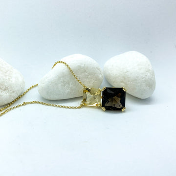 Smoky Quartz, Lemon Quartz Plated Yellow Gold Silver Necklace | Sparkle Stargaze Asscher Necklace