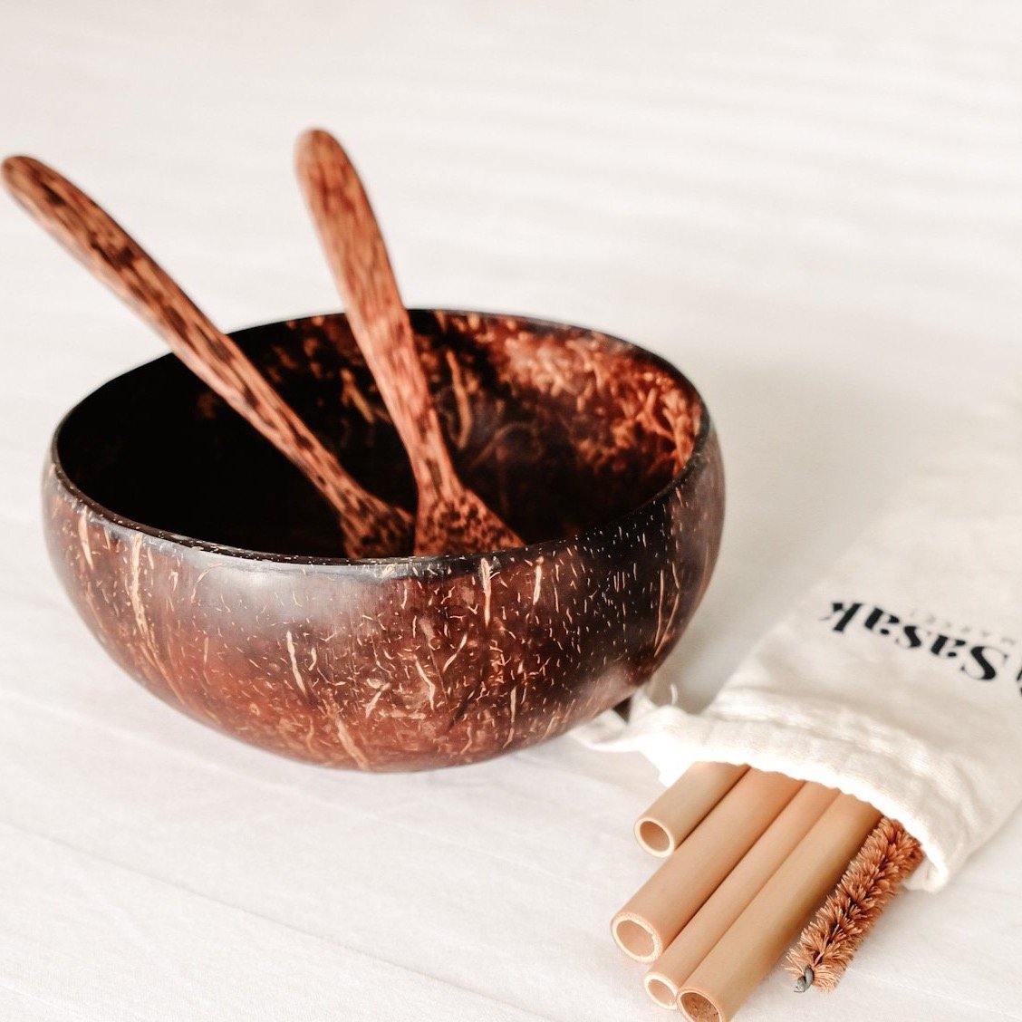 Eco Starter Gift Kit: Coconut Bowls, Spoon + Fork, Bamboo Straws