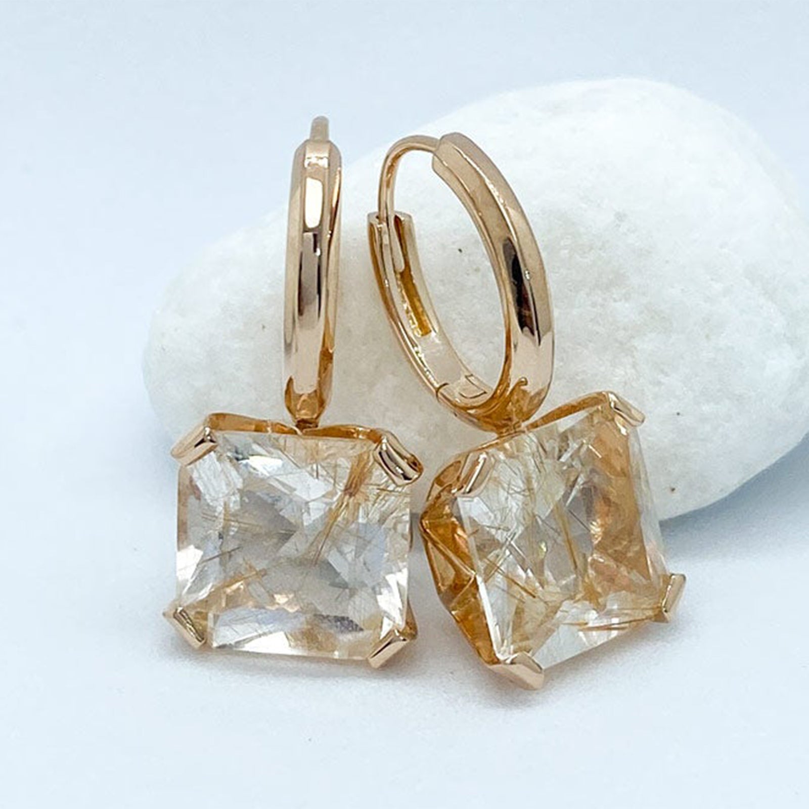 Asscher Cut Golden Rutilated Quartz Plated Rose Gold Silver Earrings | Stargaze Collection