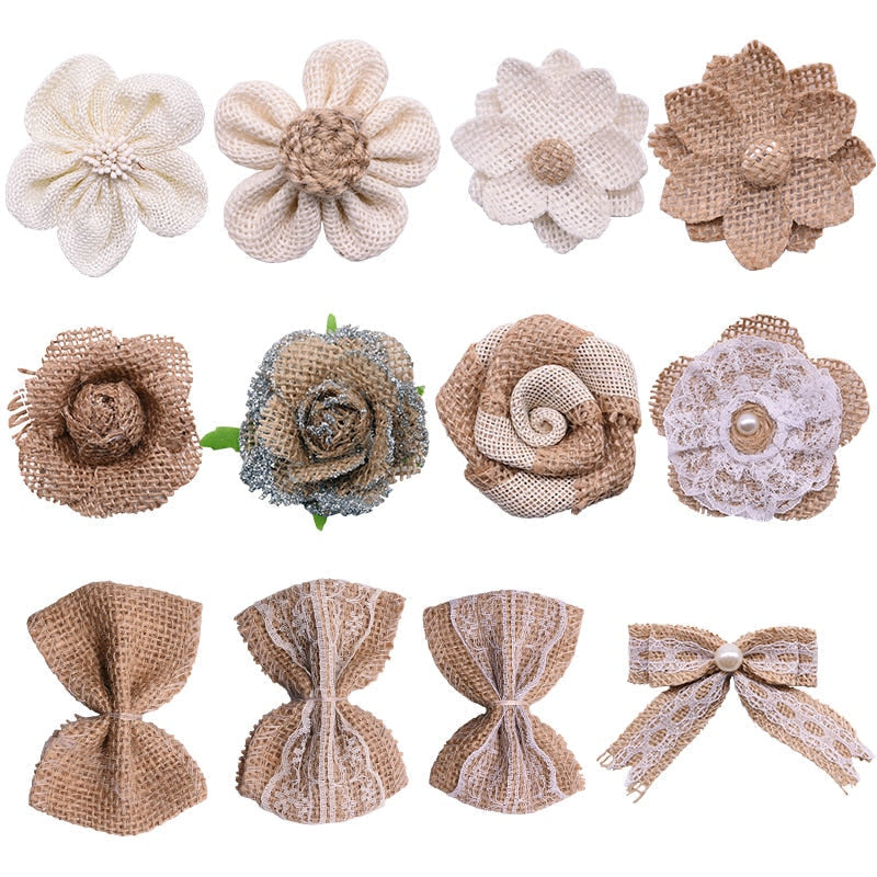Jute Burlap Rose Eco-Friendly Artificial Flowers Hessian Ribbon Bow