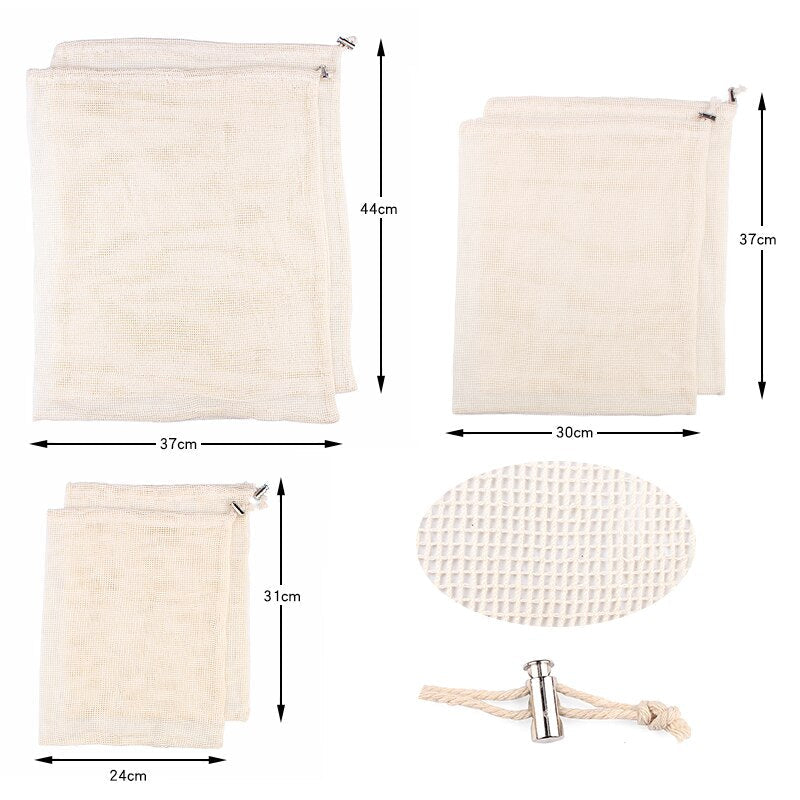 Natural Cotton Vegetable Fruit Mesh Net Bag 3pcs
