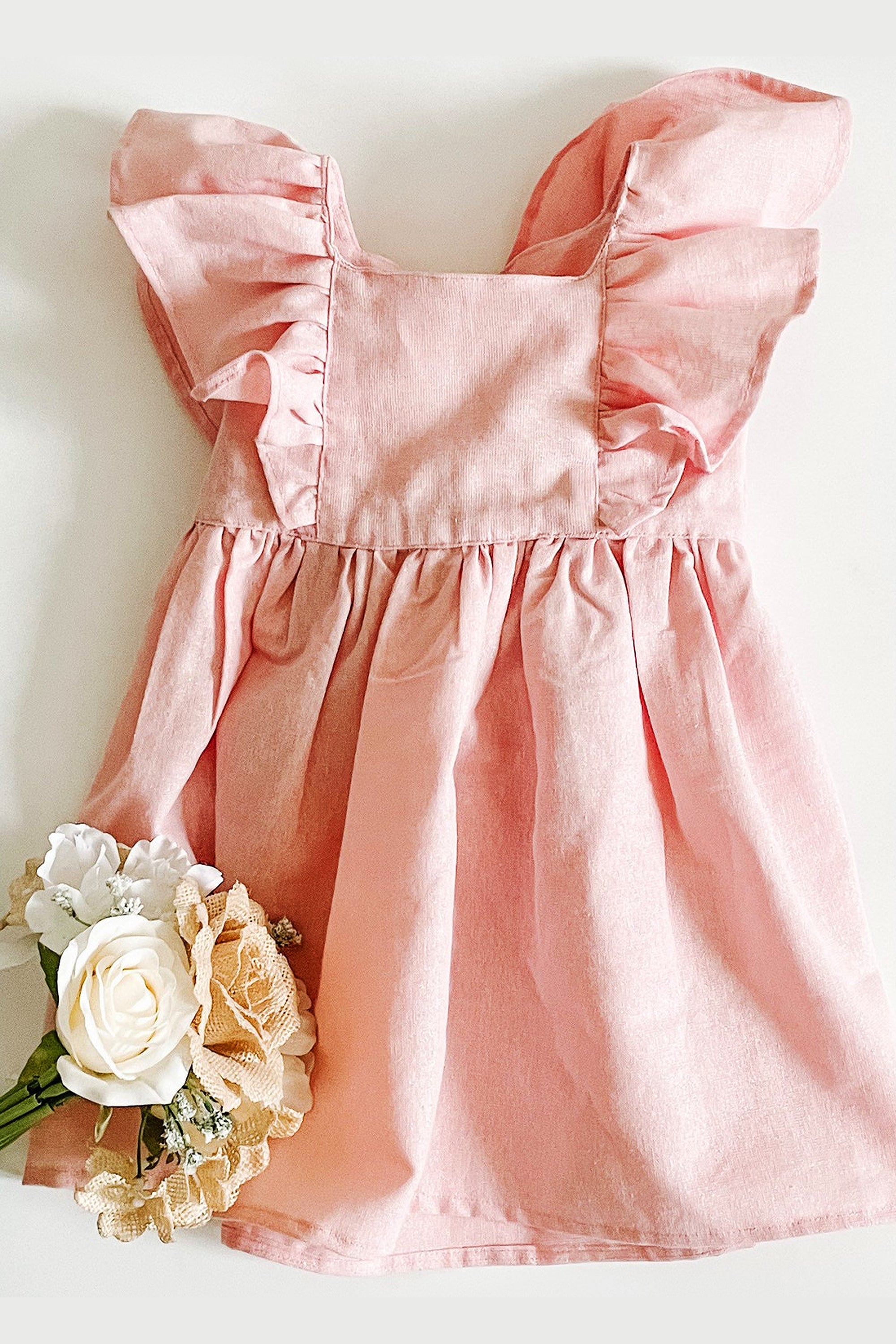 Pinafore Linen Girl's Dress with a Bow. Made in Canada by Oakley Rae Handmade