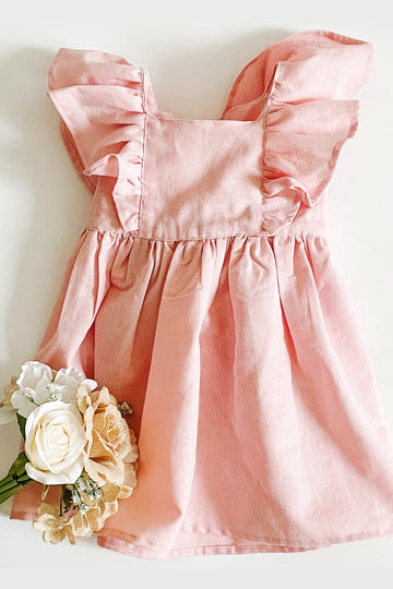 Pinafore Linen Girl's Dress with a Bow. Made in Canada by Oakley Rae Handmade
