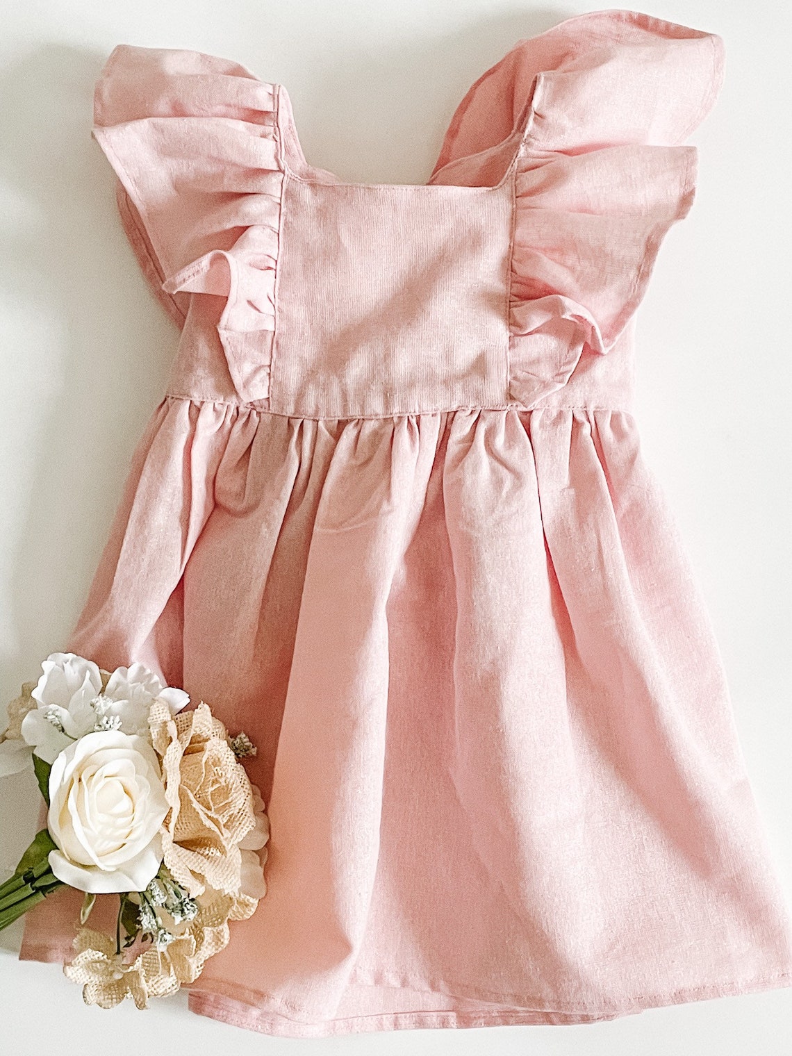 Pinafore Linen Girl's Dress with a Bow. Made in Canada by Oakley Rae Handmade