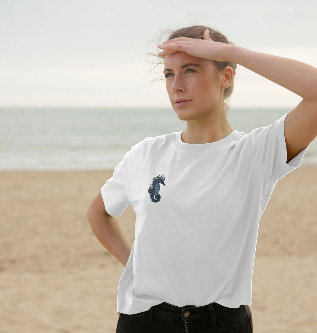 Seahorse White Crop Top | White T-shirt | White Tops for Women