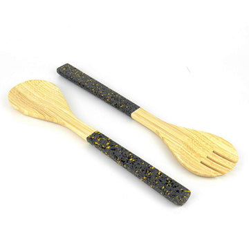 Bamboo Salad Server Set | Wooden Salad Tongs (Spoon & Fork): Dark grey