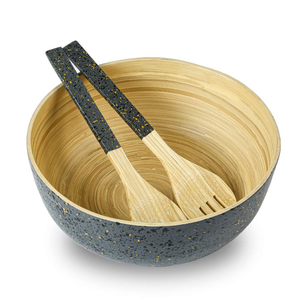 Bamboo Salad Server Set | Wooden Salad Tongs (Spoon & Fork): Dark grey
