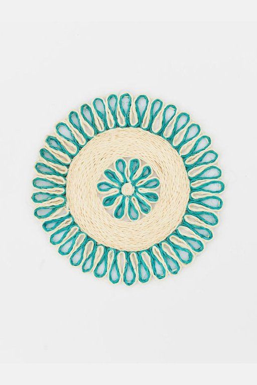 Handwoven Seagrass Placemat | Trivet | Aqua blue