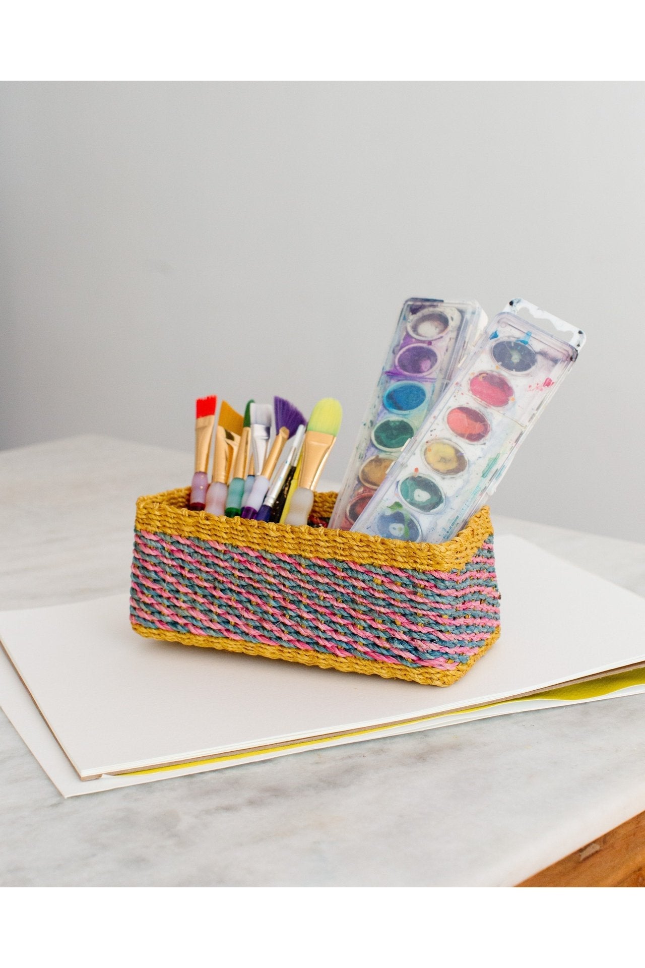 Abaca Storage Tray | Yellow + Pink | Blue