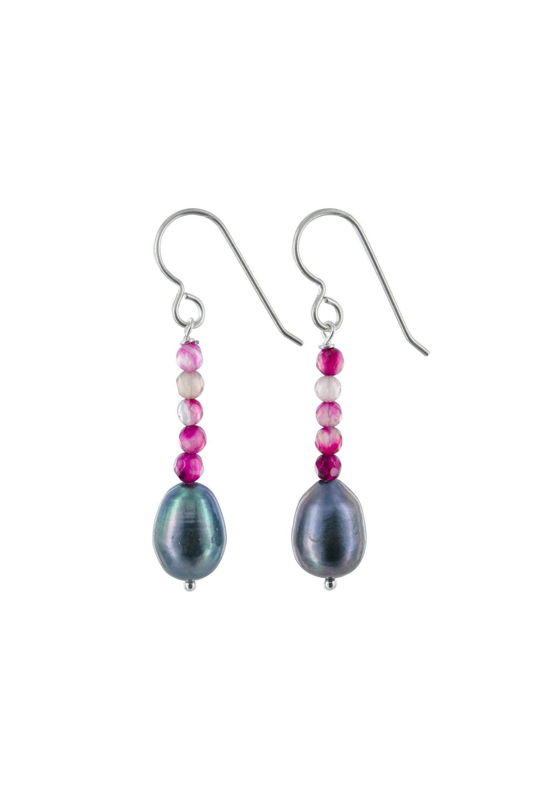 Pink Agate, Gray Silver Dangling Earrings