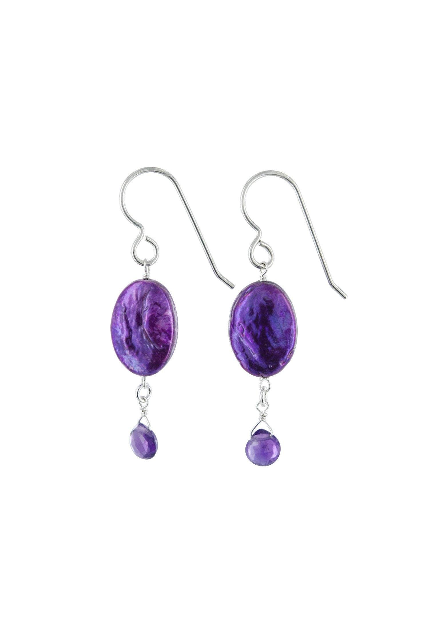 Purple Coin Pearl, Amethyst Dangle Silver Earrings