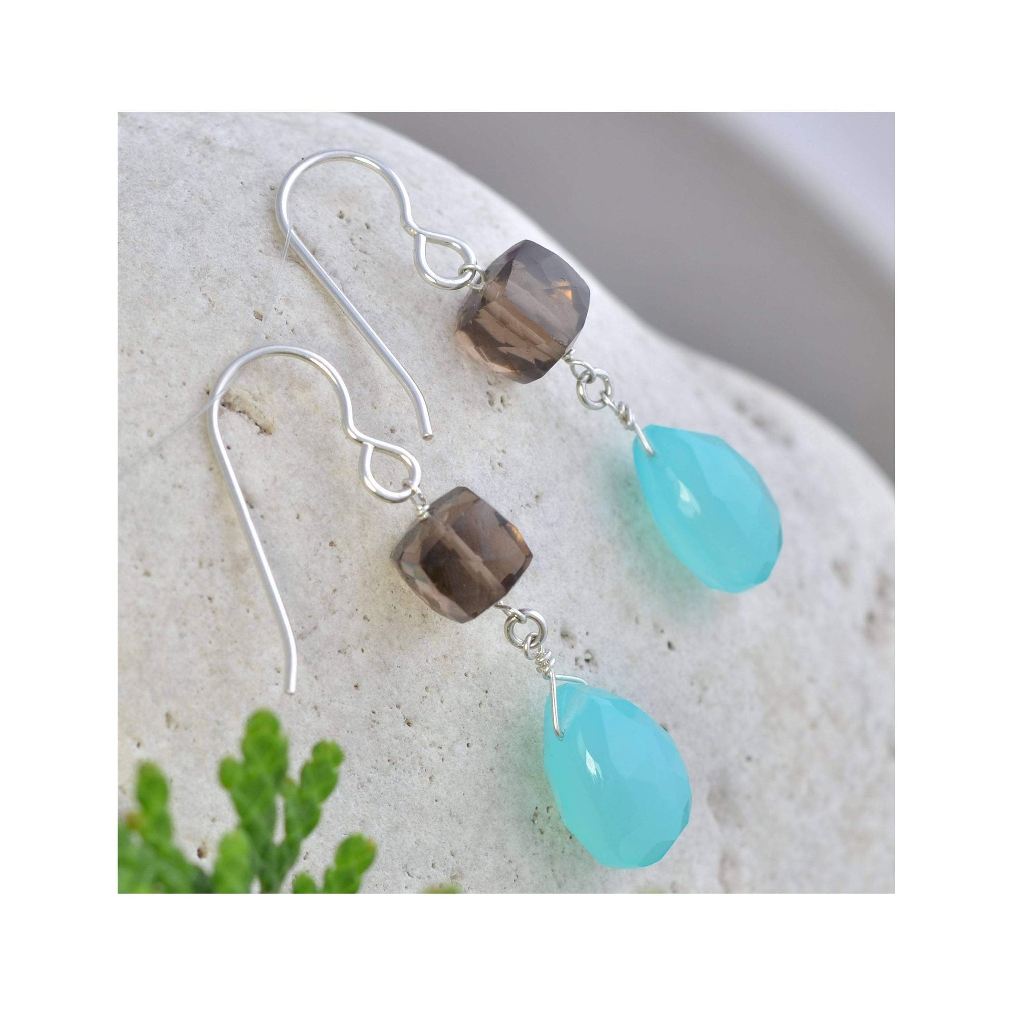 Blue Gemstones Chalcedony, Brown Smokey Quartz Earrings