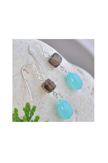 Blue Gemstones Chalcedony, Brown Smokey Quartz Earrings