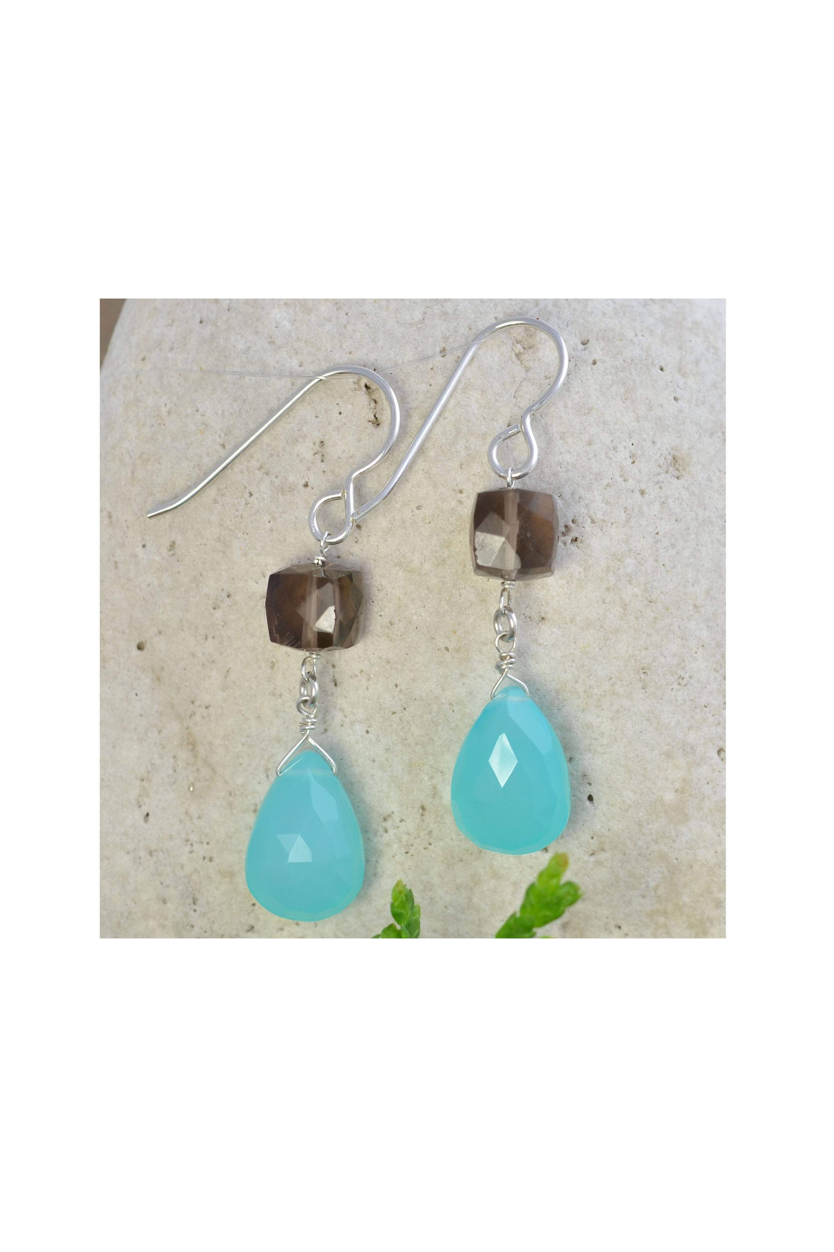 Blue Gemstones Chalcedony, Brown Smokey Quartz Earrings
