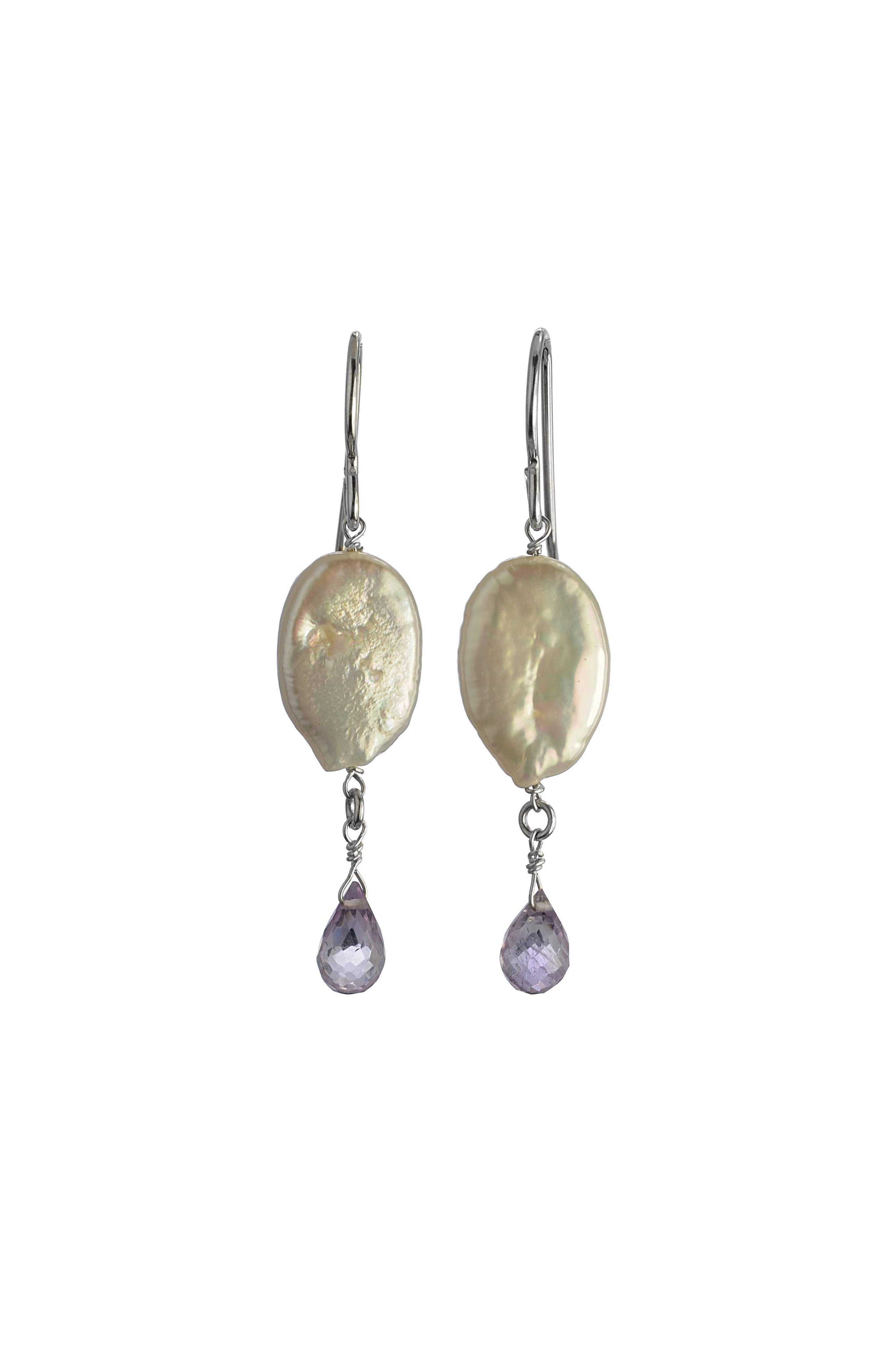 White Coin Pearl, Pink Amethyst Gemstone Drop Earrings
