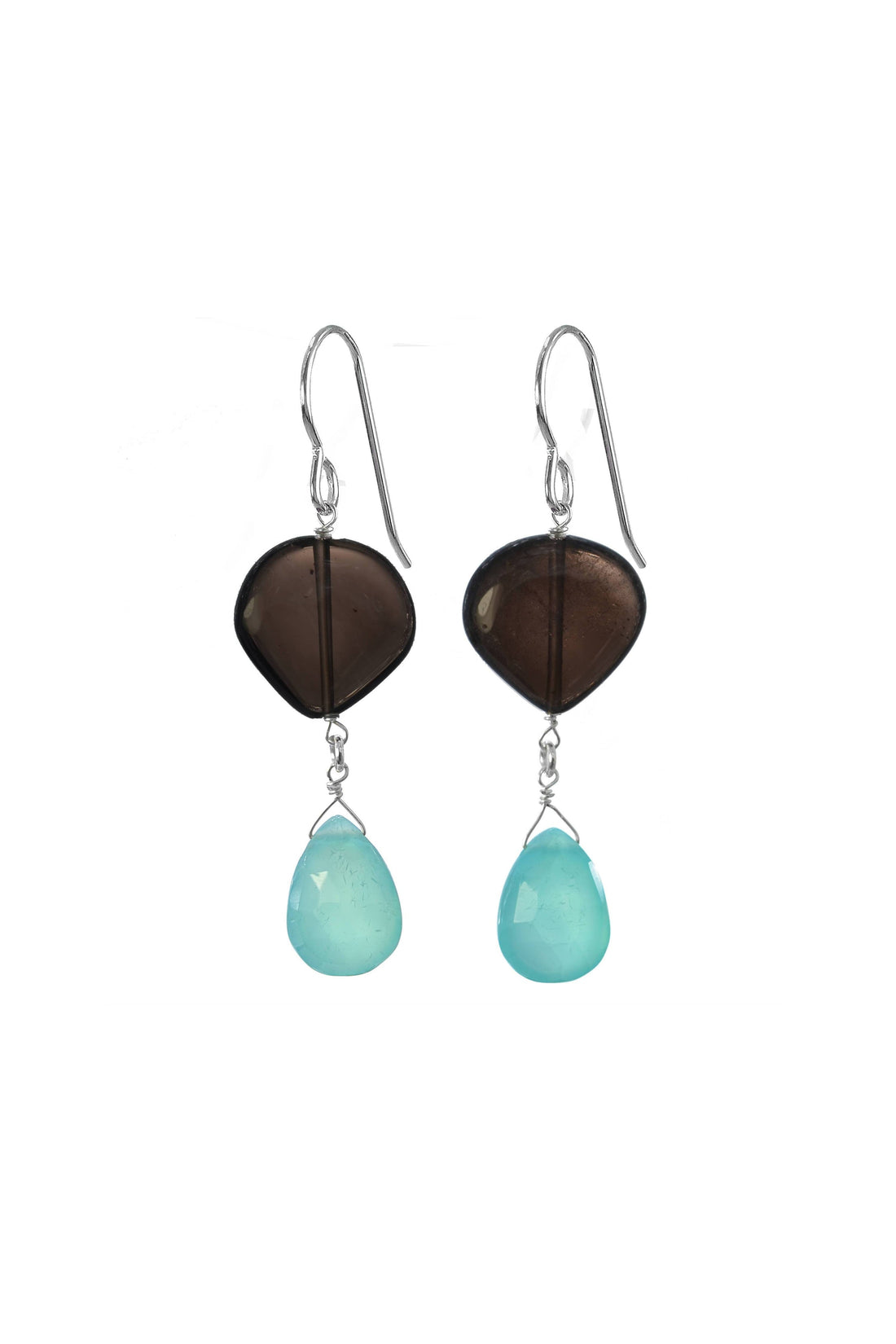 Blue Chalcedony Brown Smokey Quartz Dangling Earrings