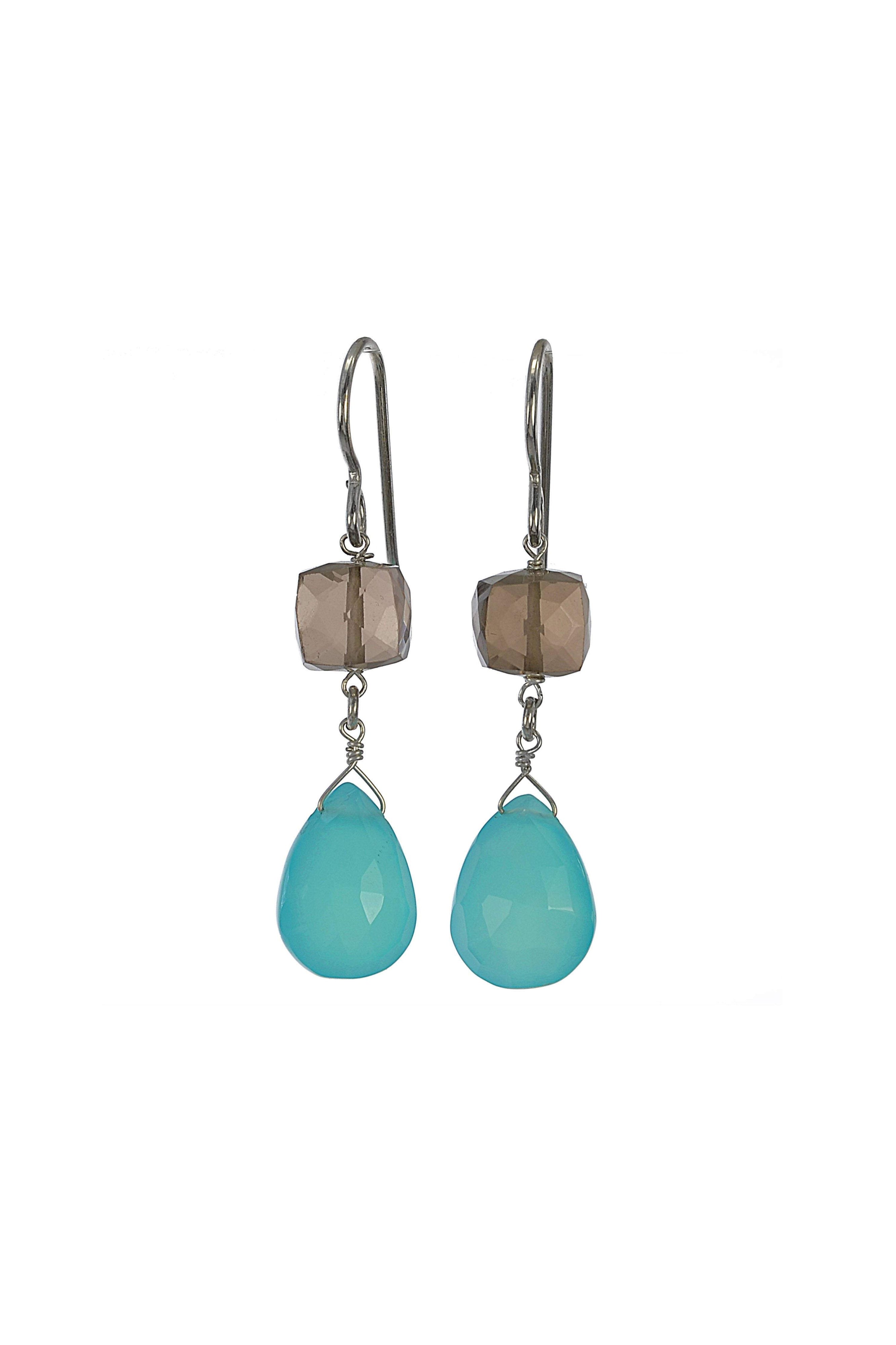 Blue Gemstones Chalcedony, Brown Smokey Quartz Earrings