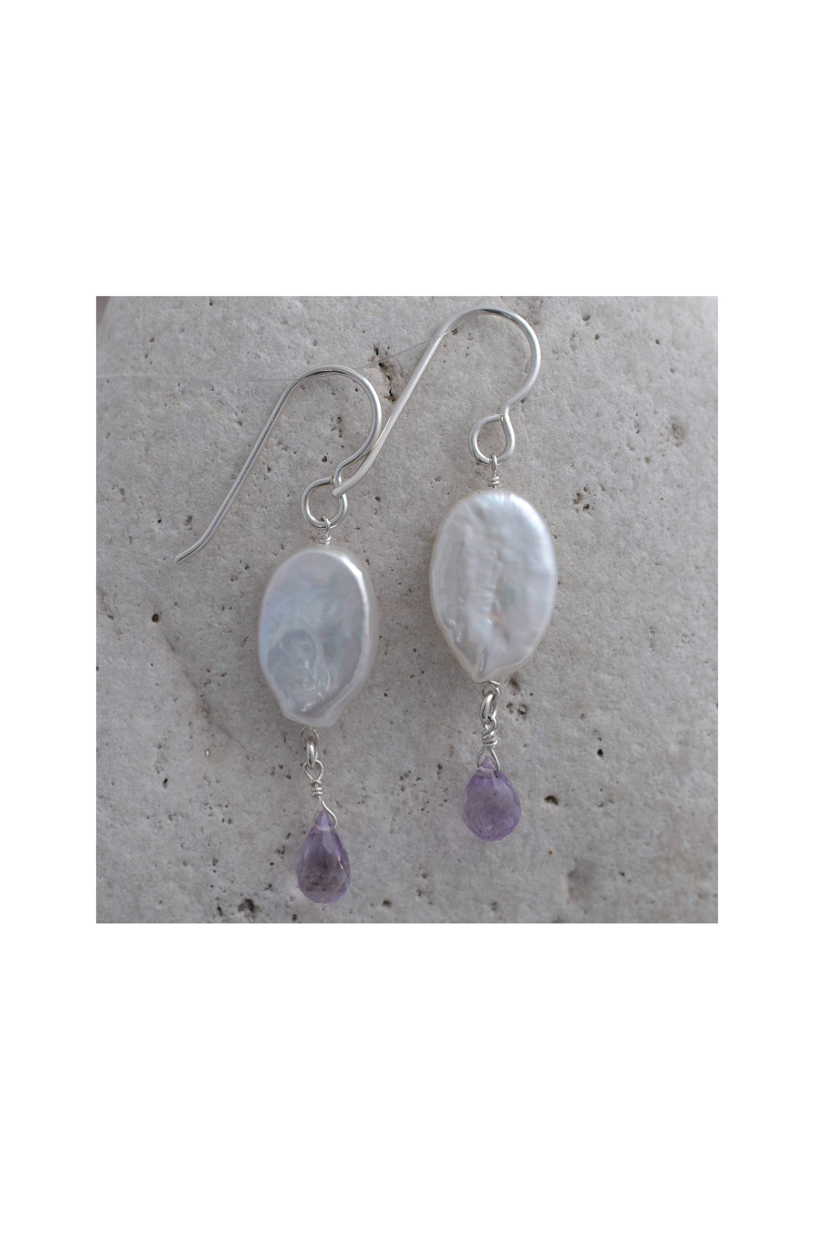 White Coin Pearl, Pink Amethyst Gemstone Drop Earrings