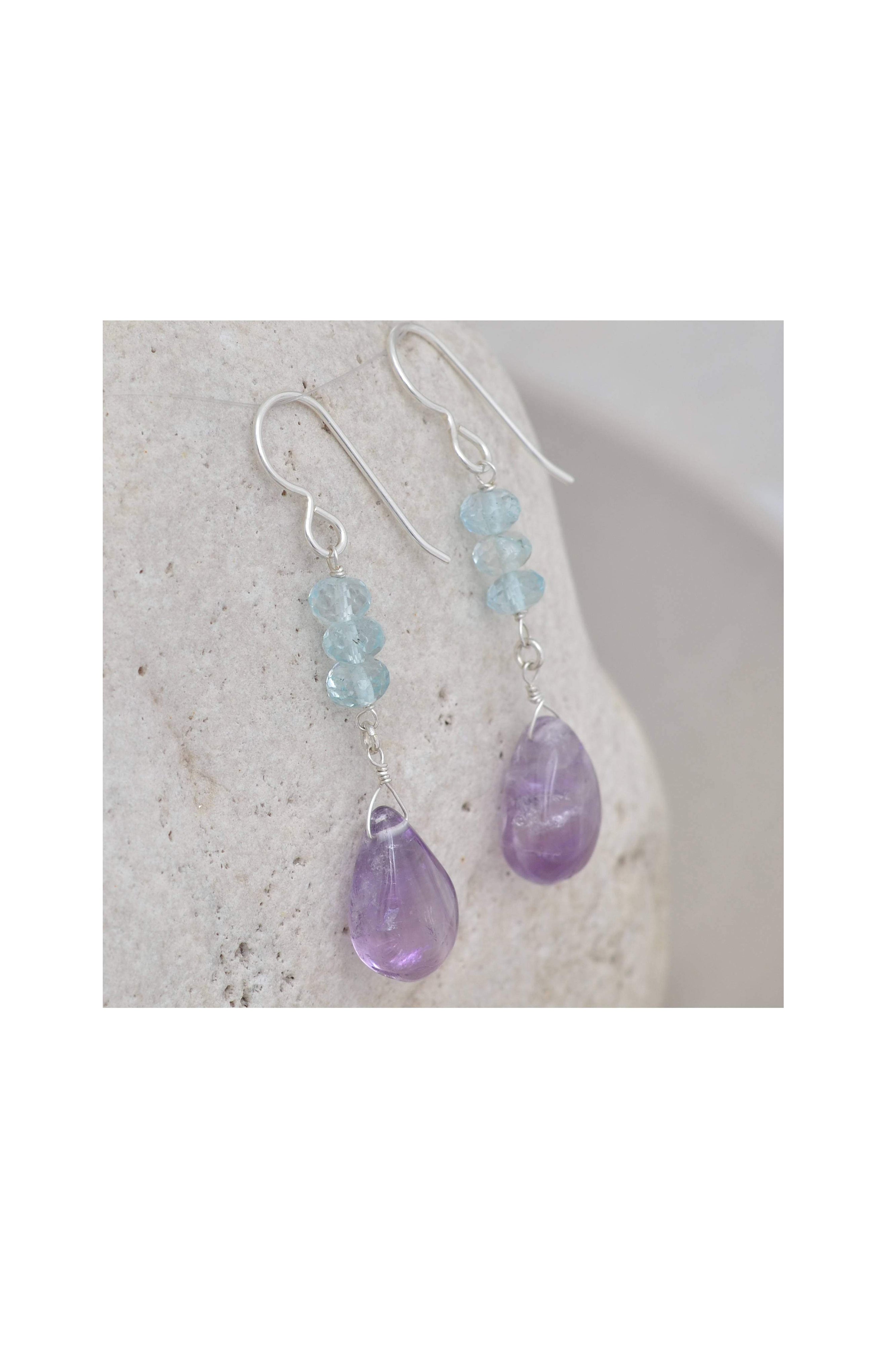 Purple Amethyst, Blue Aquamarine, February March Birthstone Earrings