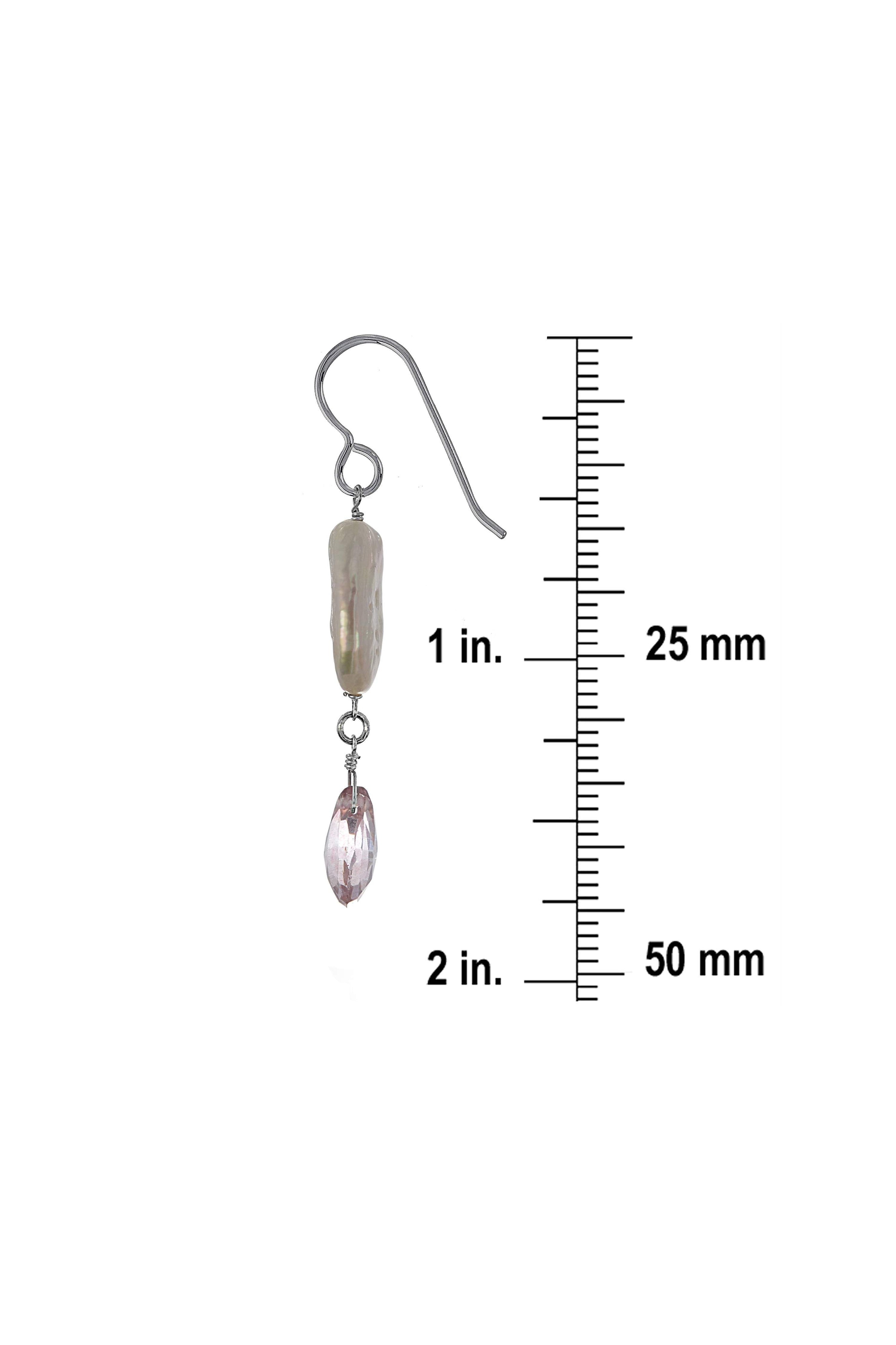White Coin Pearl, Pink Quartz Long Dangle Earrings