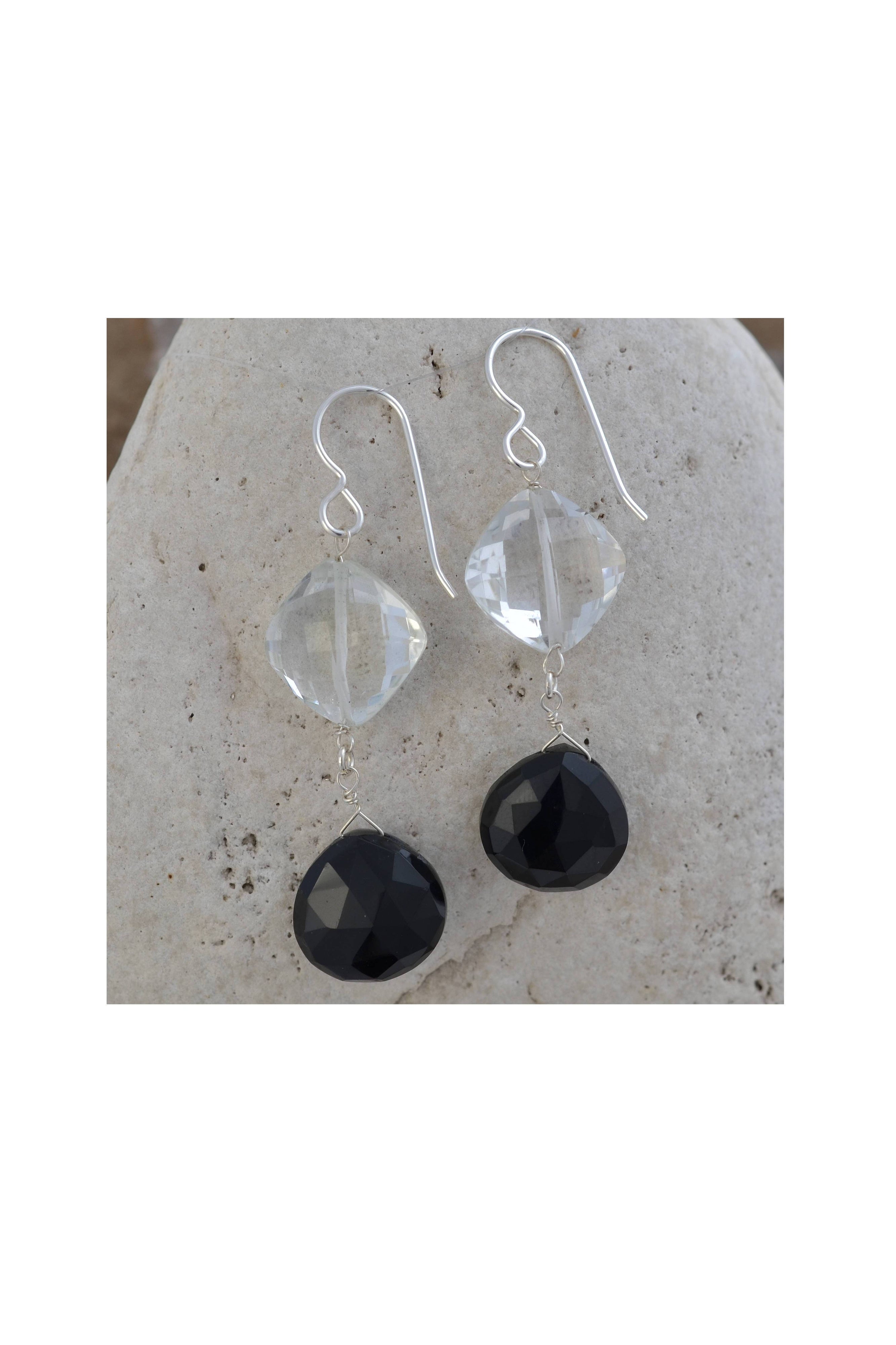 Black Onyx, Rock Crystal, Black and White Silver Earrings