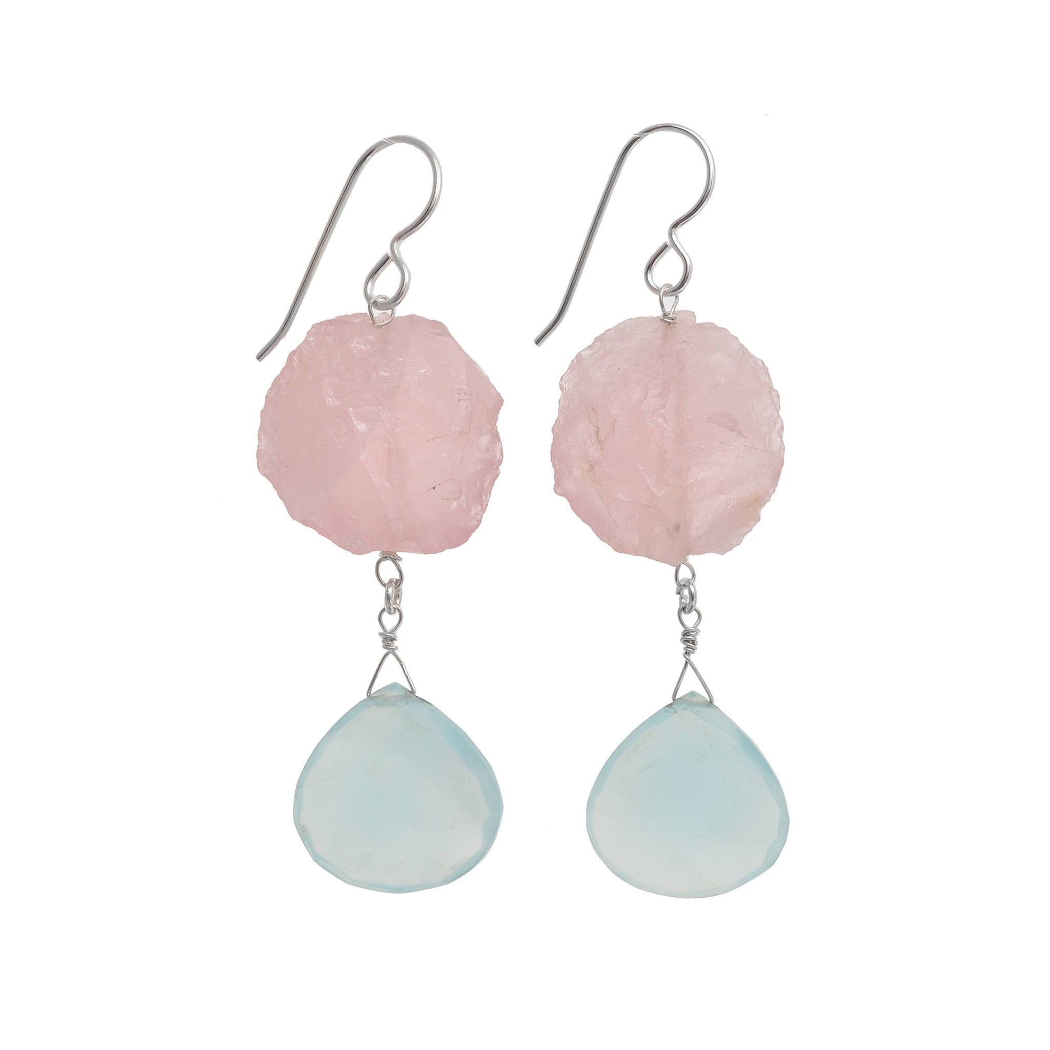 Blue Chalcedony, Rose Quartz Gemstone Large Earrings