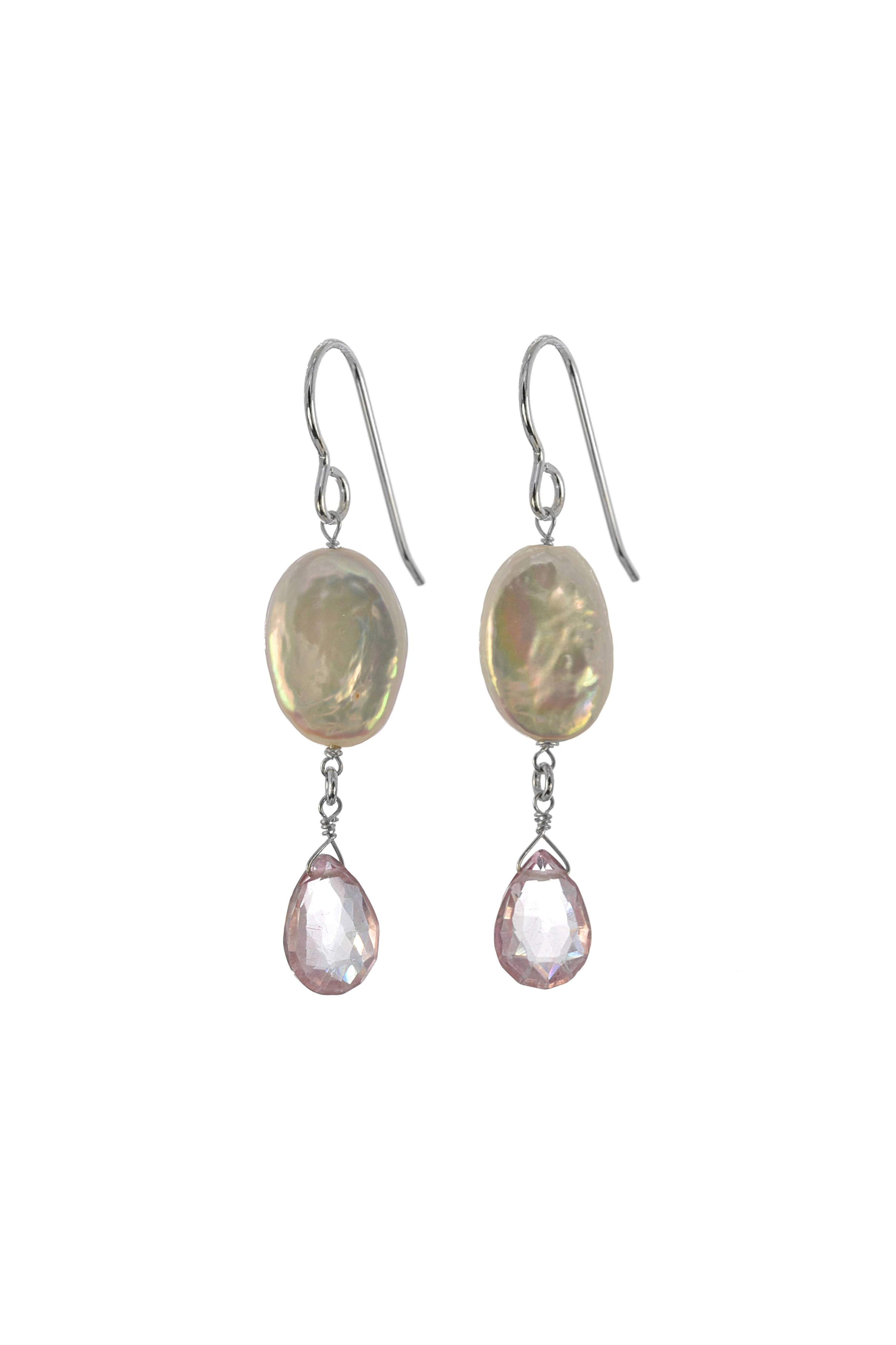 White Coin Pearl, Pink Quartz Long Dangle Earrings