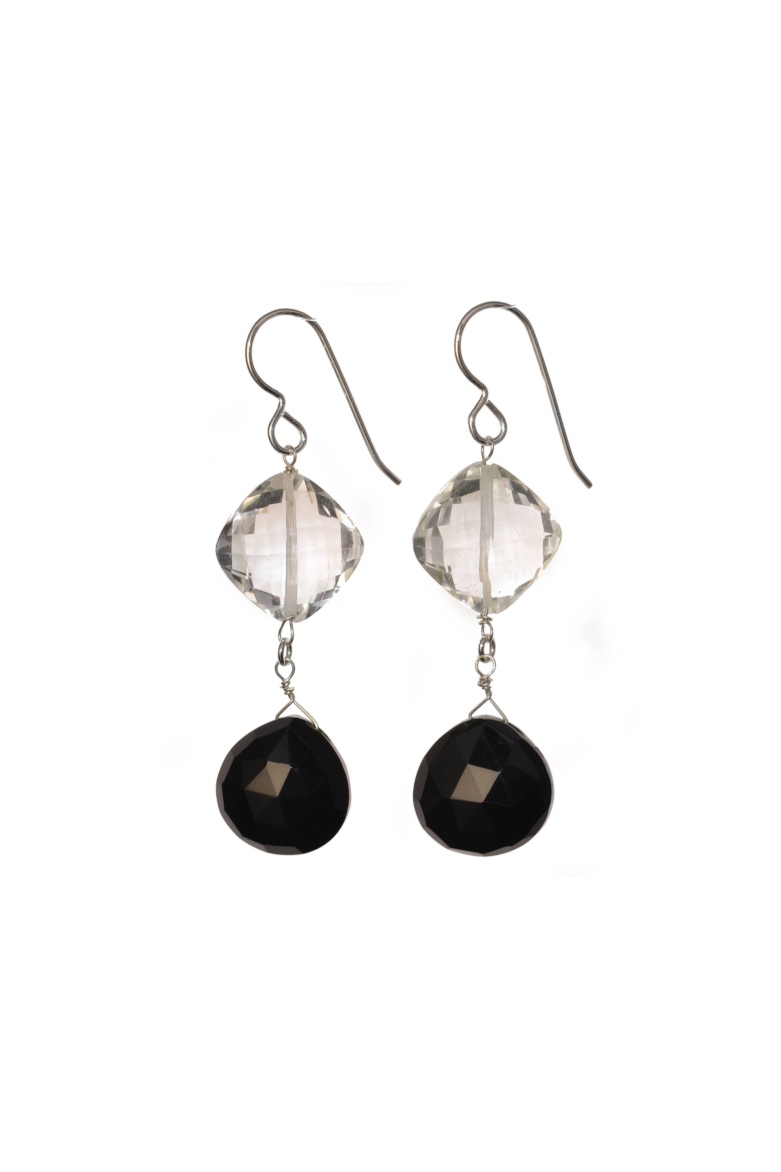 Black Onyx, Rock Crystal, Black and White Silver Earrings