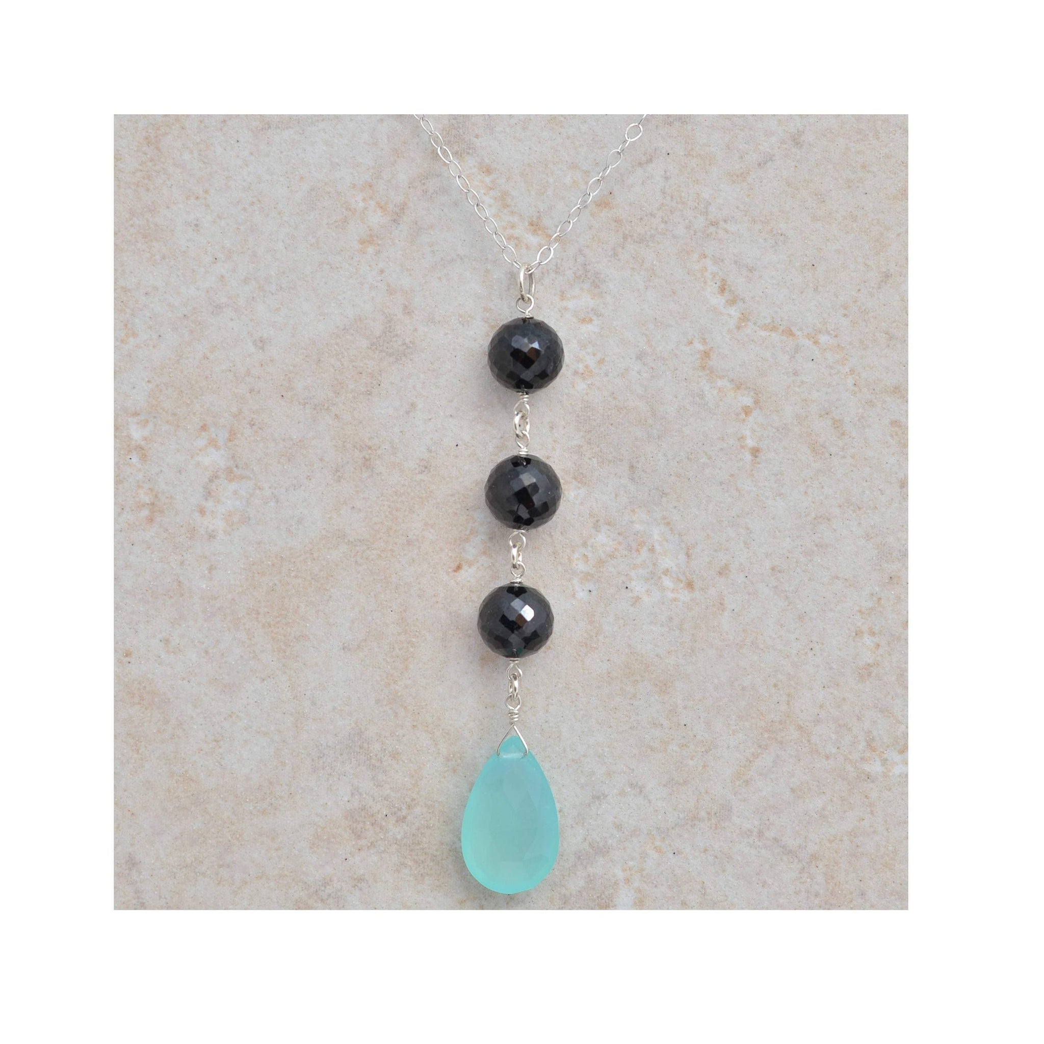 Blue Chalcedony, Black Spinel Gemstone Long Silver Pendant