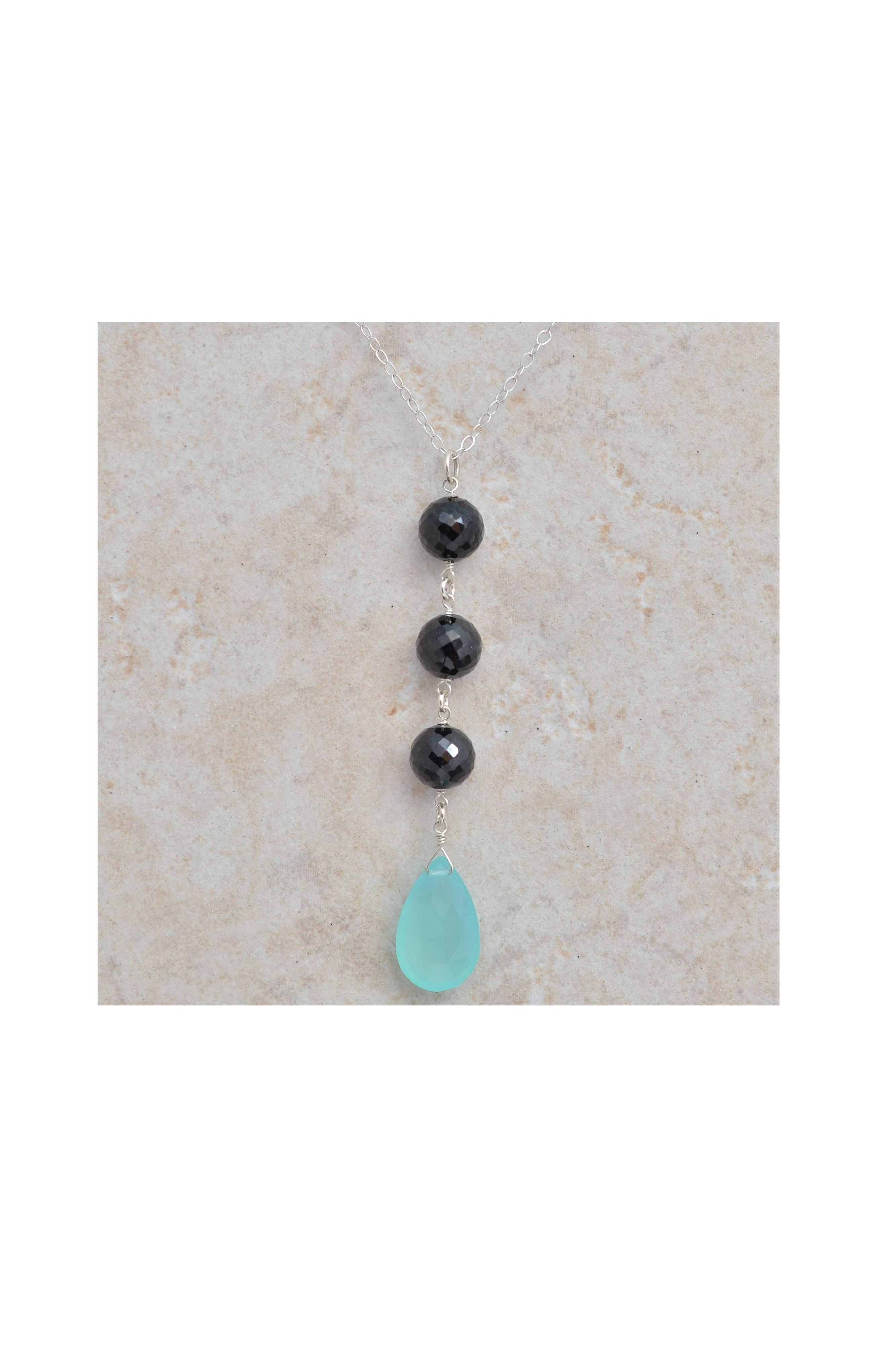 Blue Chalcedony, Black Spinel Gemstone Long Silver Pendant