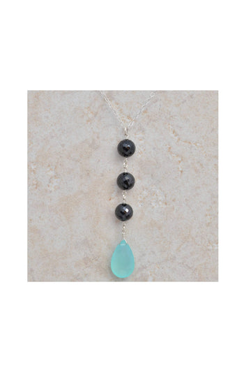 Blue Chalcedony, Black Spinel Gemstone Long Silver Pendant