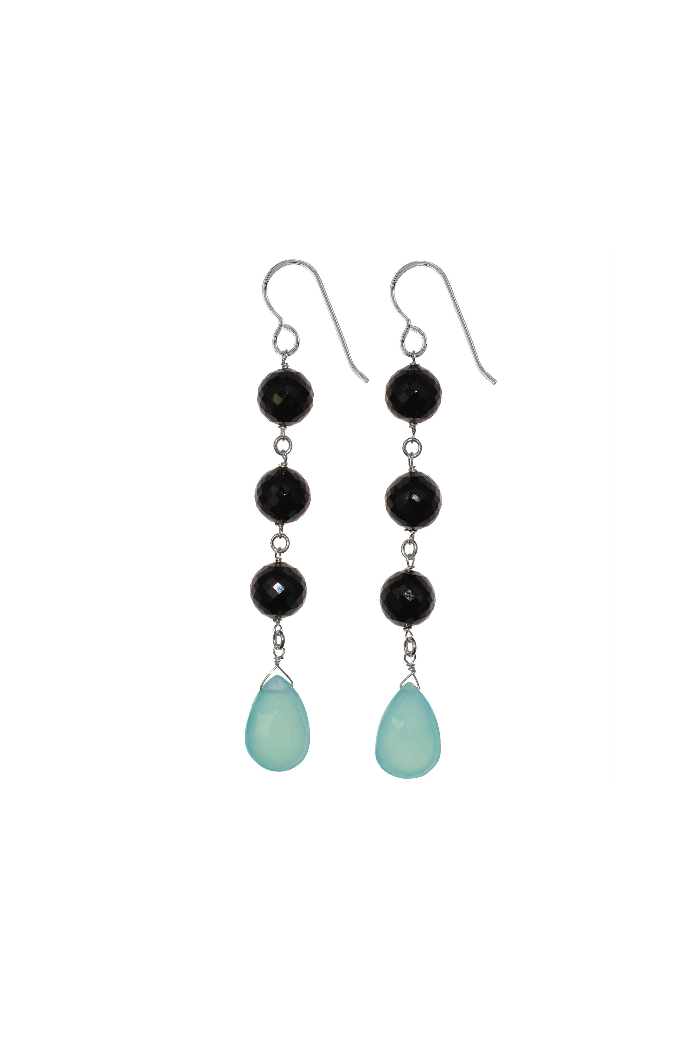Blue Chalcedony, Black Spinel Silver Earrings