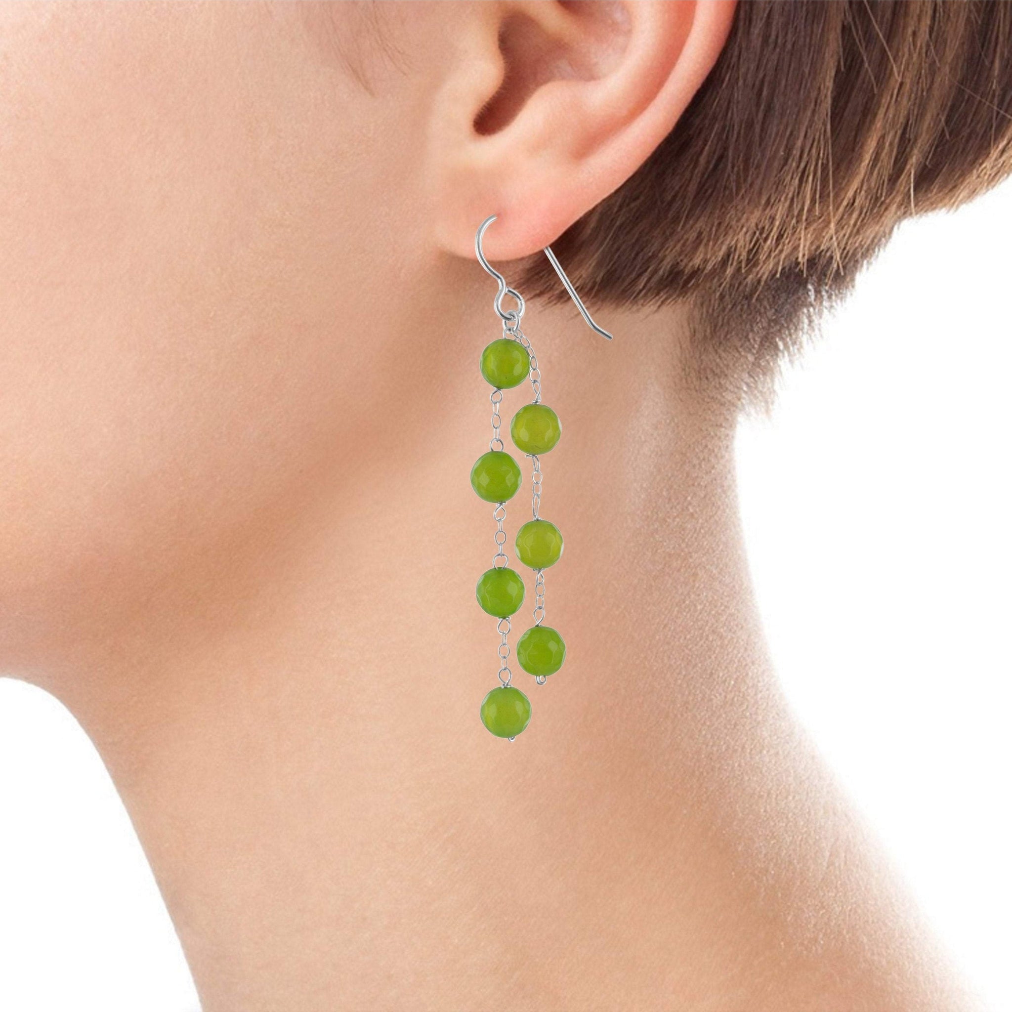 Light Green Agate Gemstone Bead Chandelier Long Silver Earrings