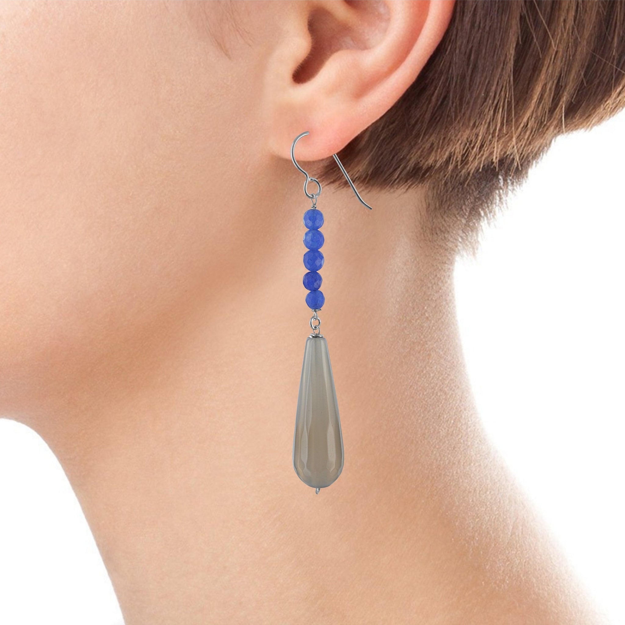 Gray Smokey Agate, Navy Blue Jade Long Earrings