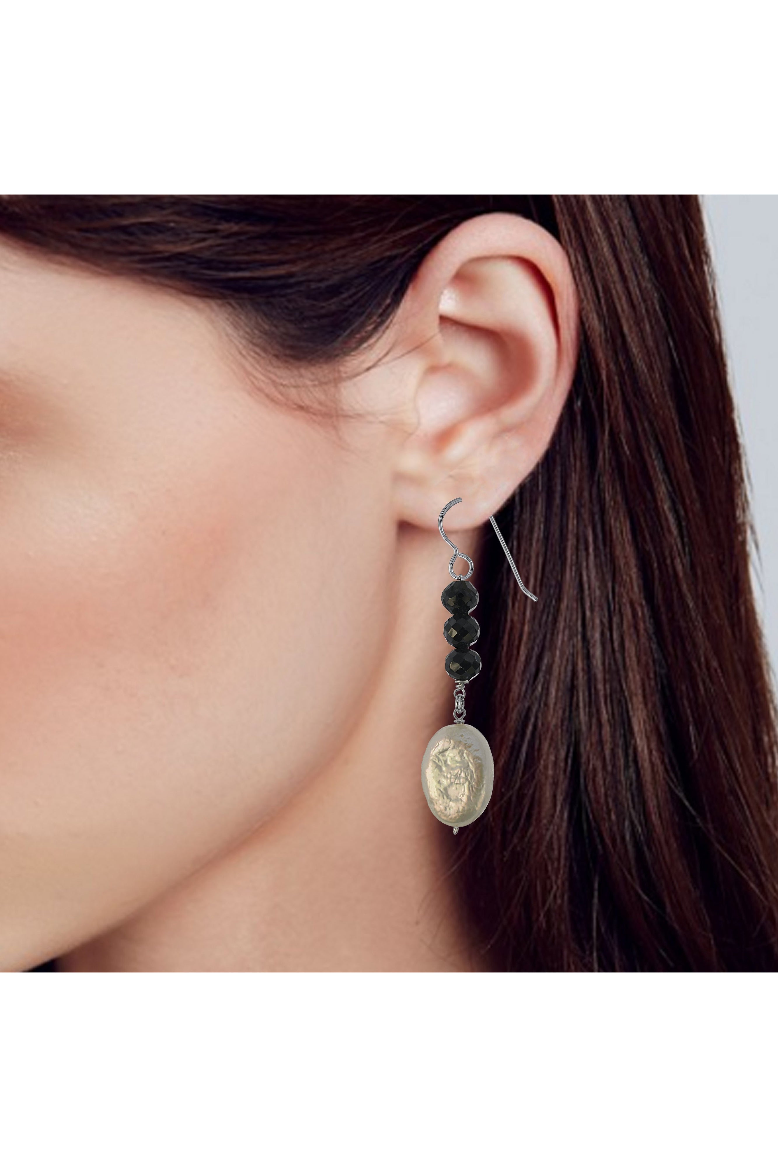 Black Onyx, White Pearl Dangle Earrings