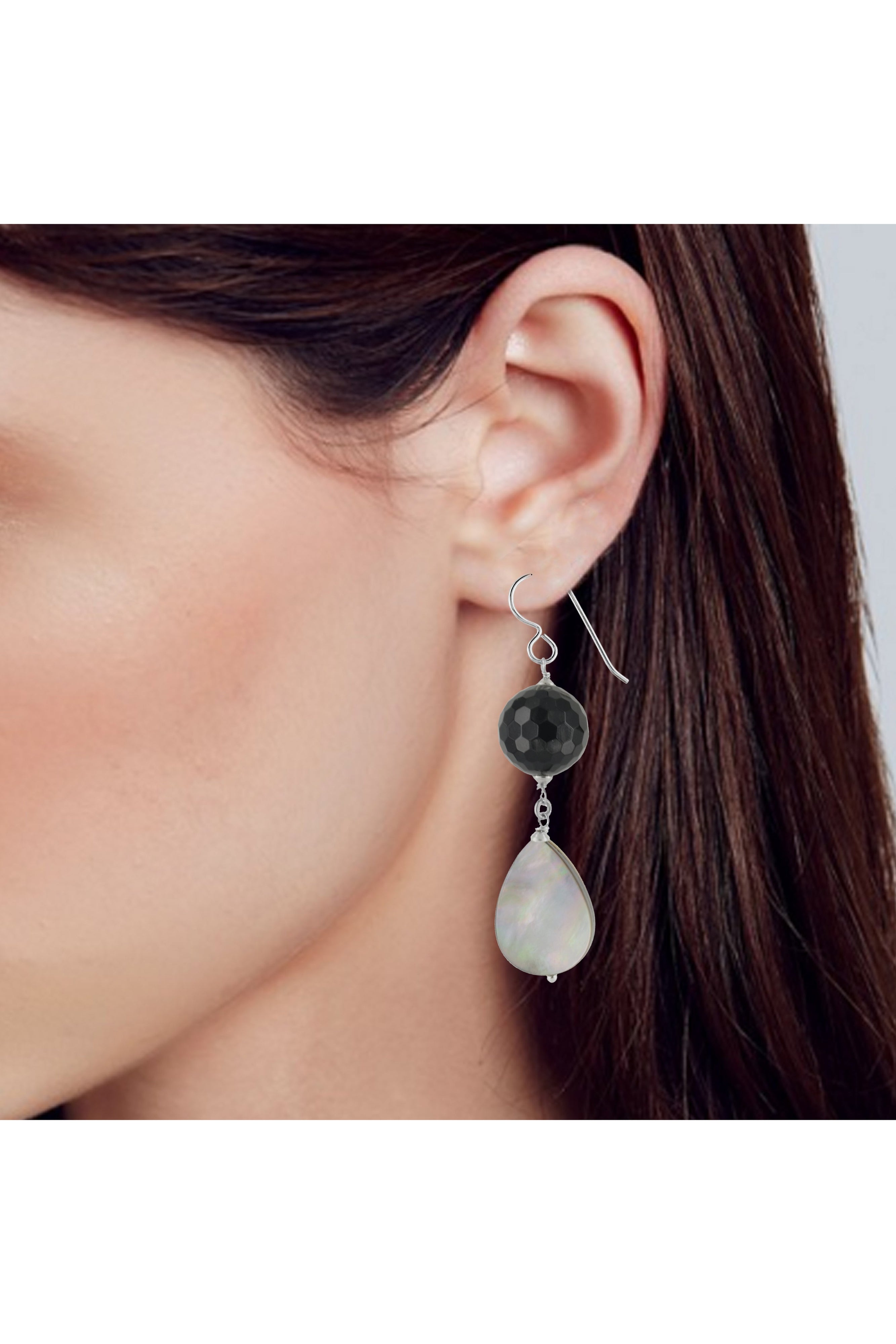 Black Onyx, White Mother of Pearl Long Dangle Earrings