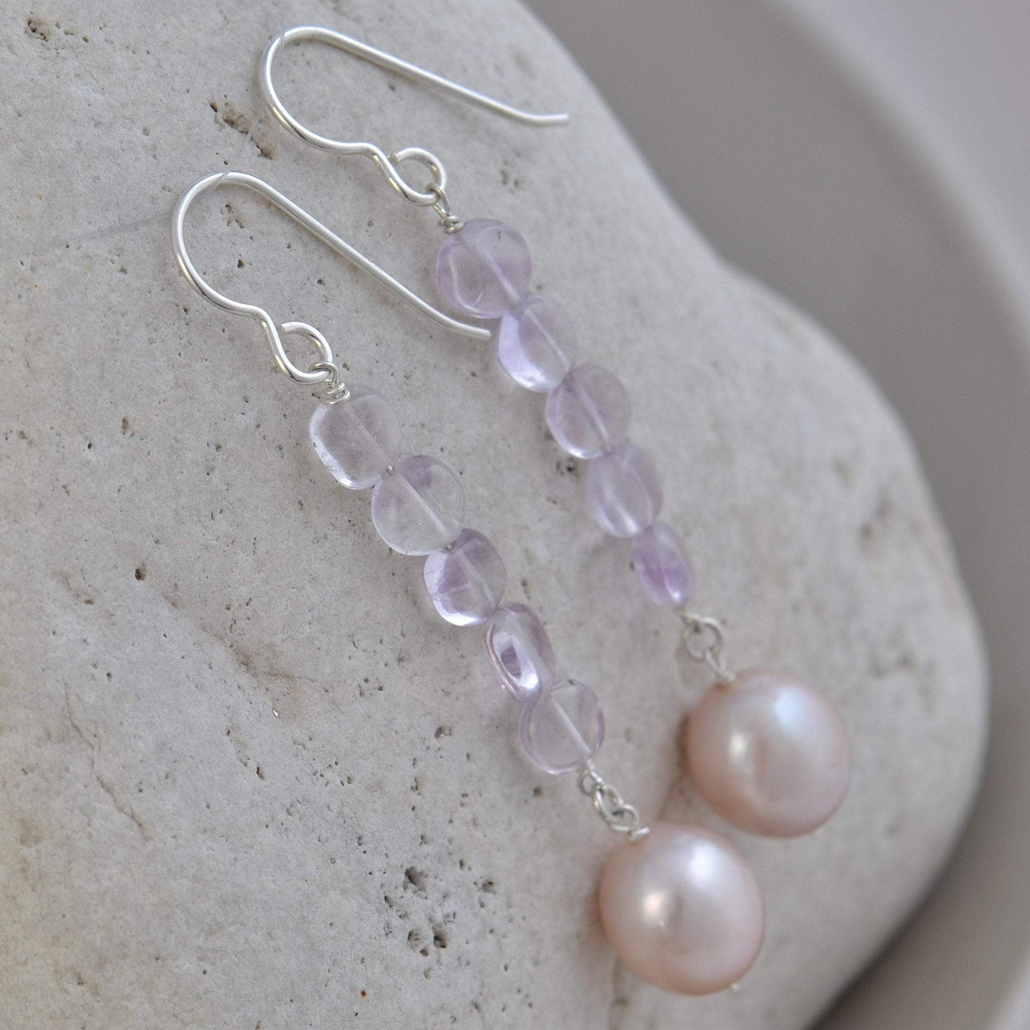 Long Pearl Earrings, Pink Amethyst Gems Silver