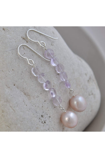 Long Pearl Earrings, Pink Amethyst Gems Silver
