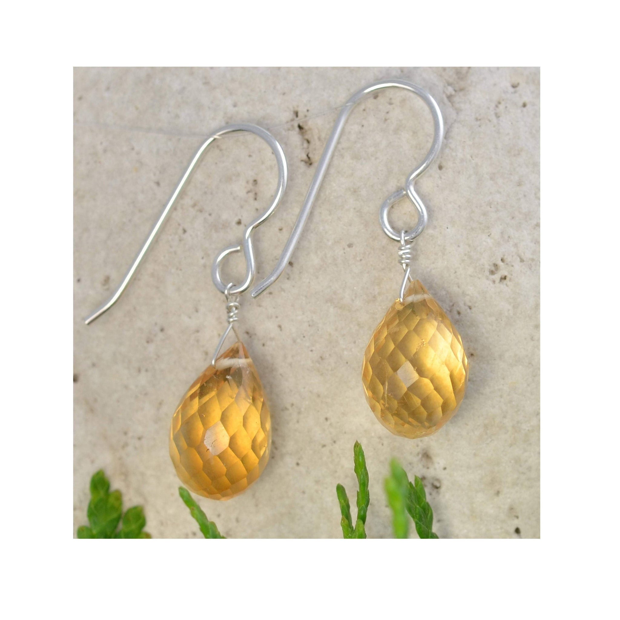 Citrine Earrings, Golden Yellow Gemstone Drop Briolette