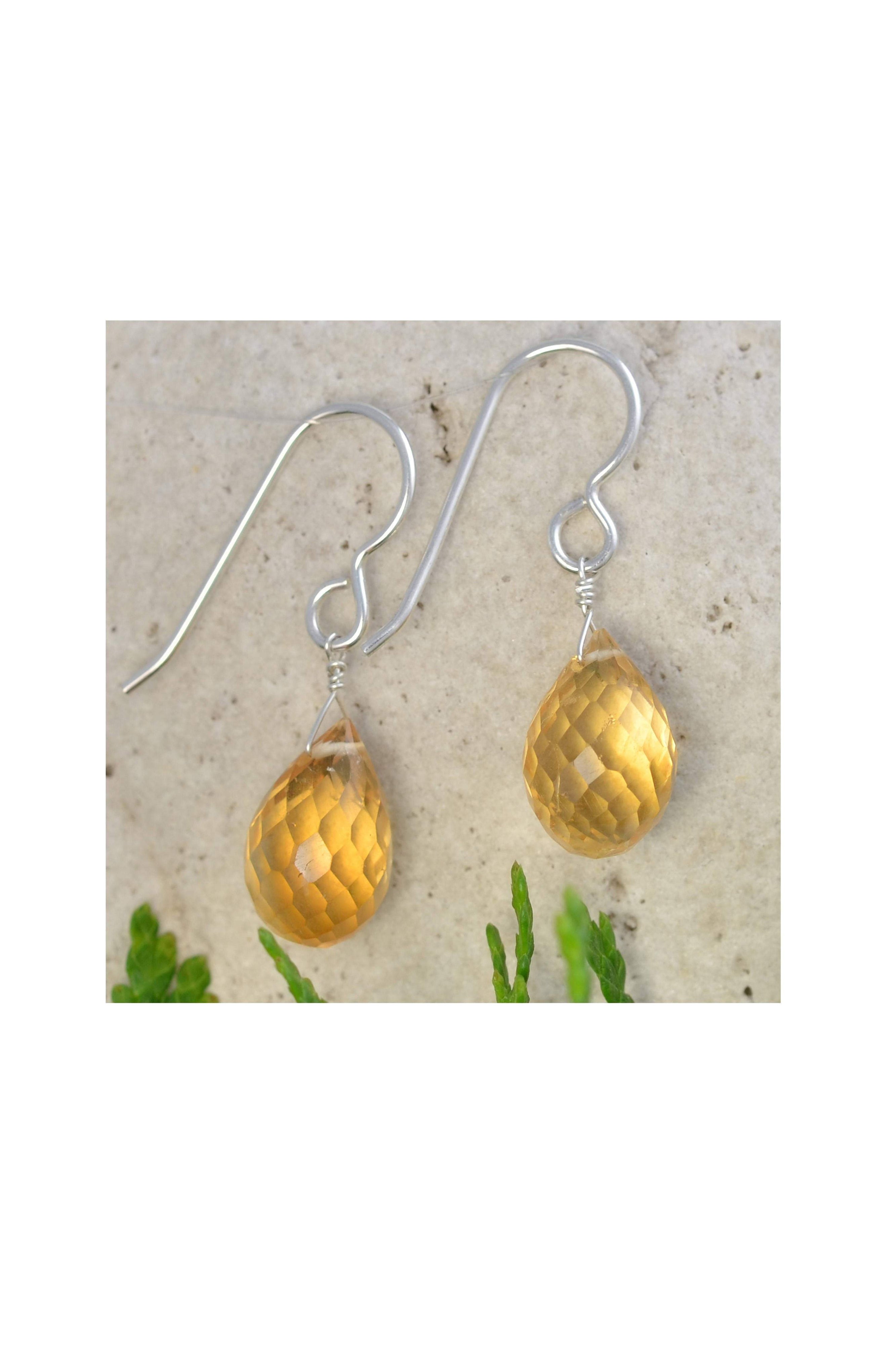 Citrine Earrings, Golden Yellow Gemstone Drop Briolette